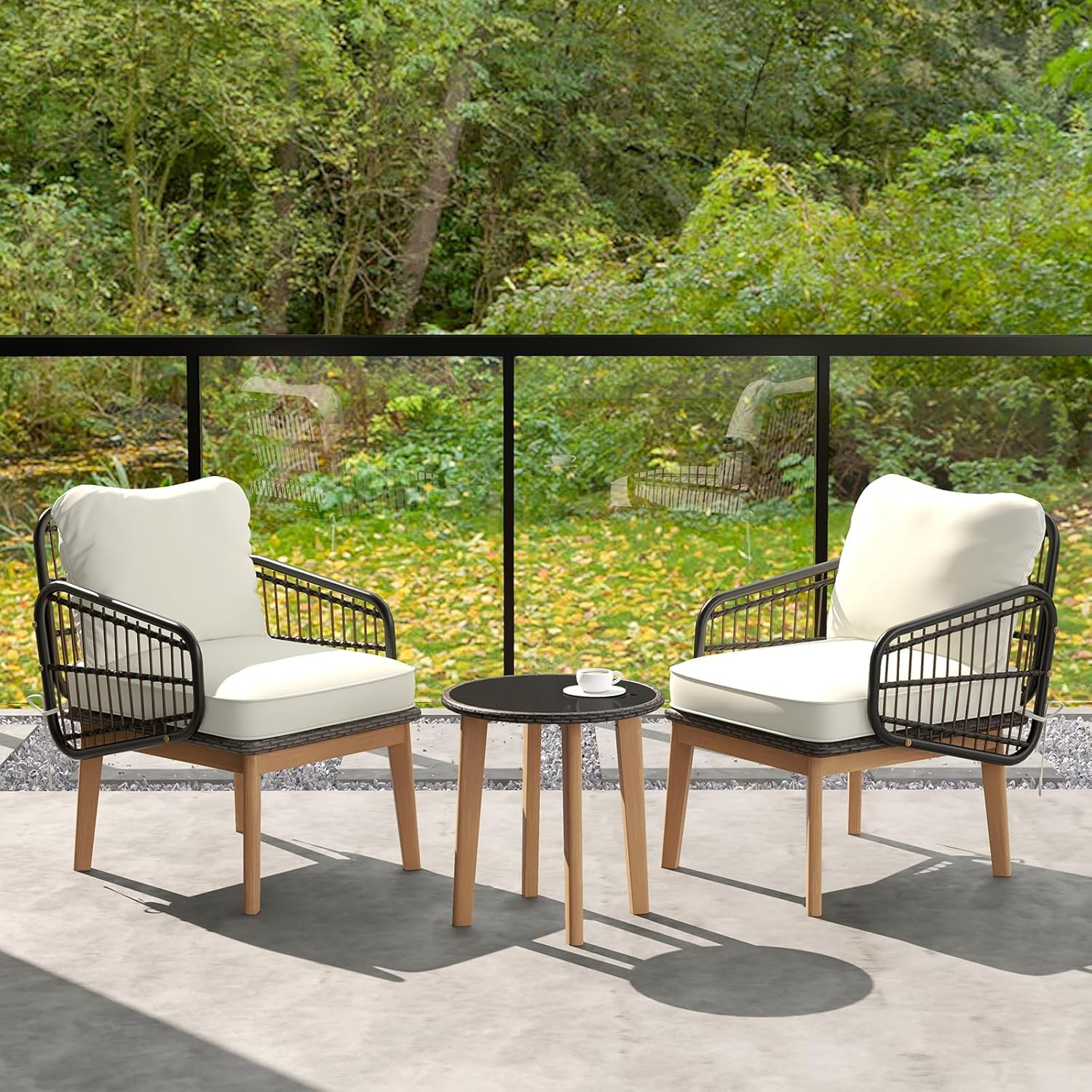 3-Piece Wicker Patio Chair Set with Cushions & Glass Table for Outdoor Use