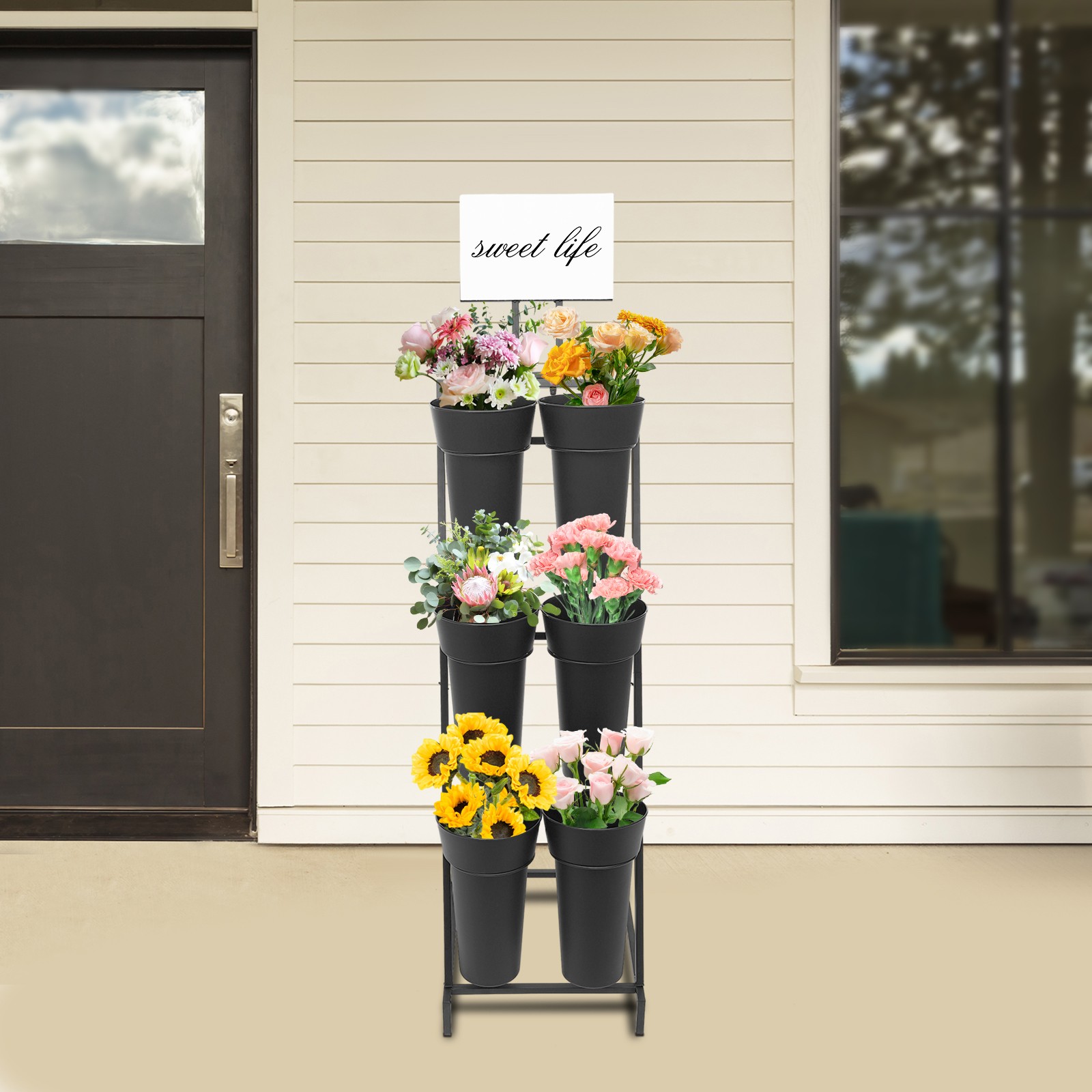 3 Tier Black Flower Display Stand With 6 Plastic Buckets For Floral Shops