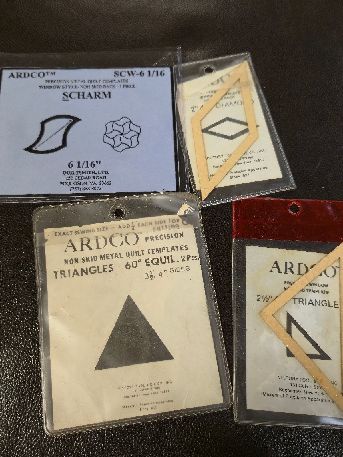 Lot of 4 Vintage ARDCO Metal Quilt Templates S Charm Diamond Triangles Scharm