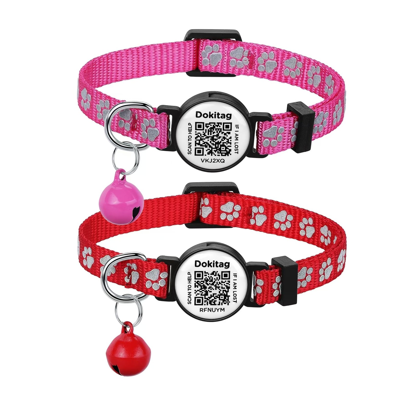 DOKITAG Reflective Cat Collar with QR Code Name Tag,Breakaway pink&red