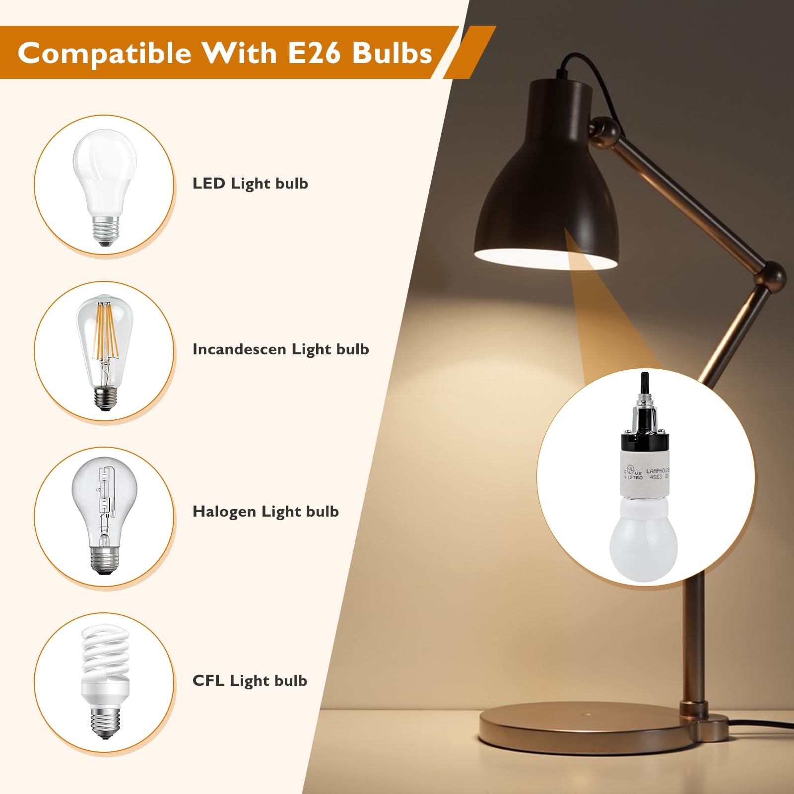 E26 Porcelain Lamp Socket with Rotary Knob Switch - High Temperature Grey