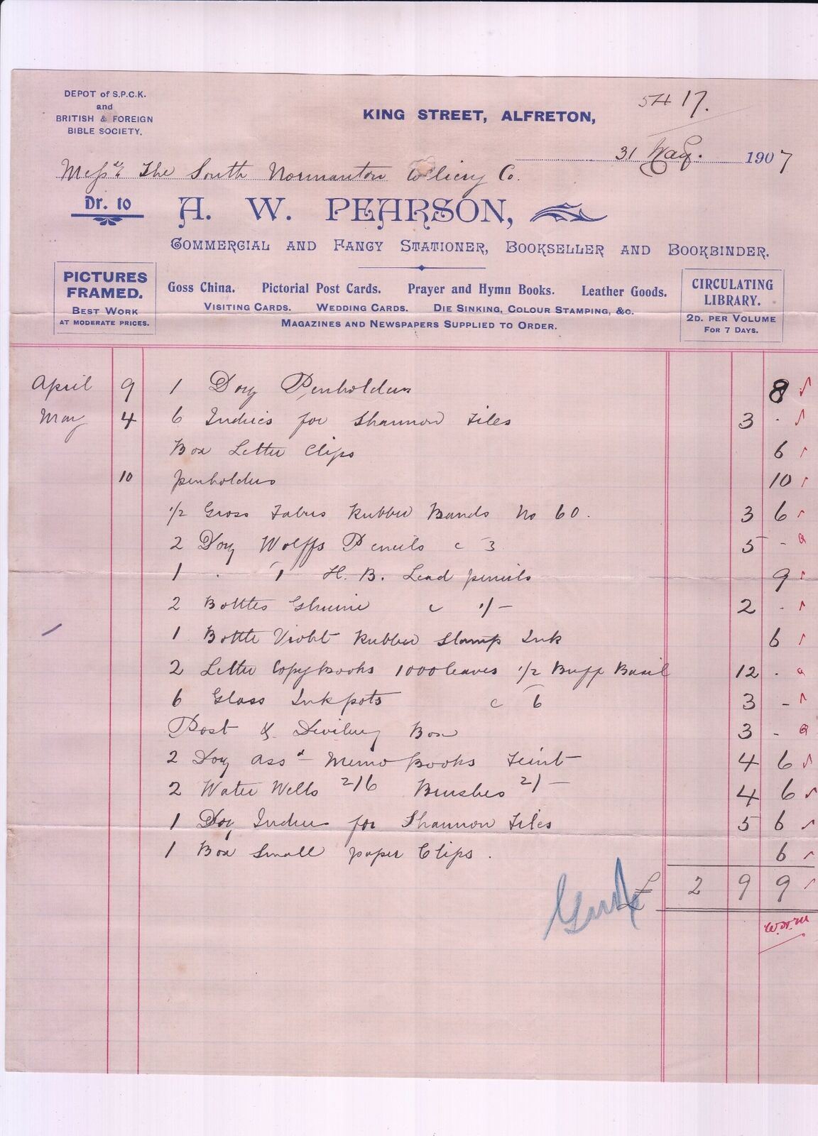 A. W. PEARSON,Alfreton 1907 Commercial Stationer Bands&PaperClips Invoice  48016