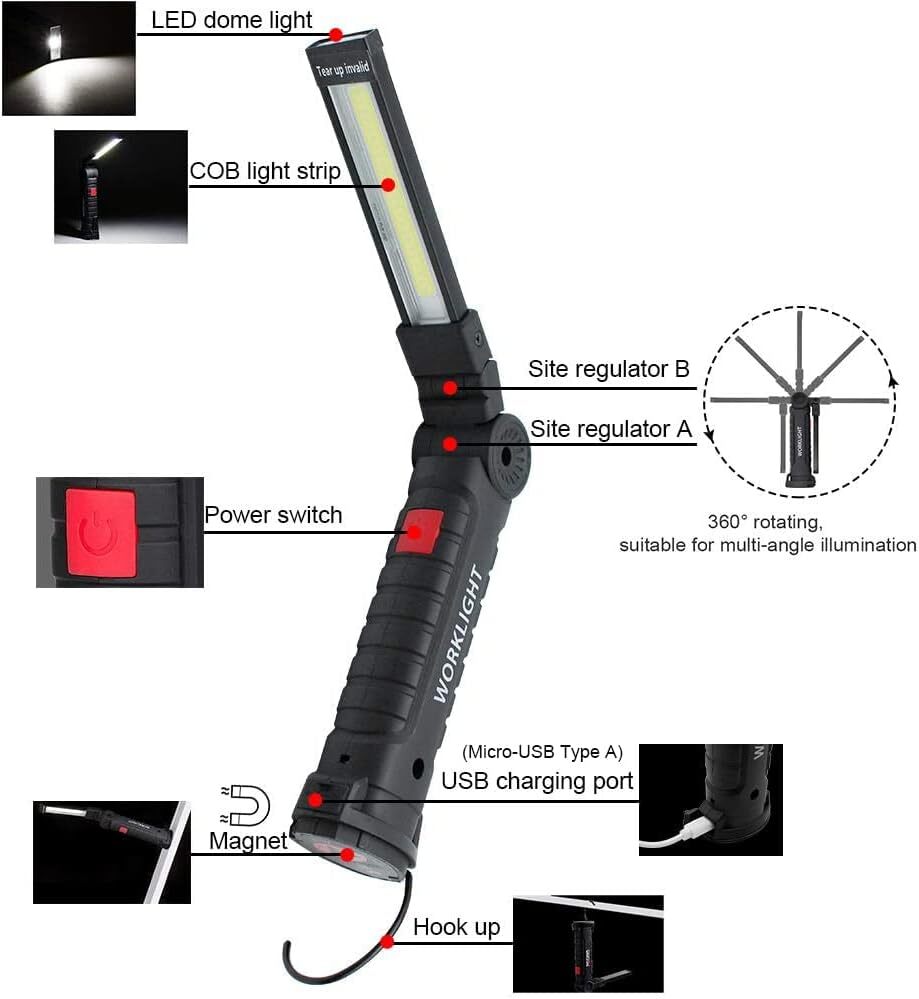 Rechargeable LED COB Work Light Magnetic Base Bright Mechanic Flashlight Lamp