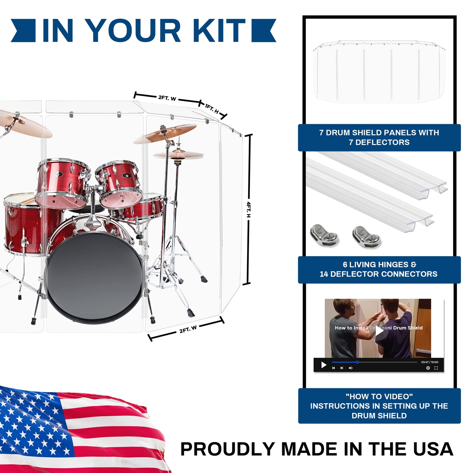 PENNZONI Drum Shield 4ft Acrylic Panels w/ Deflectors & Living Hinges