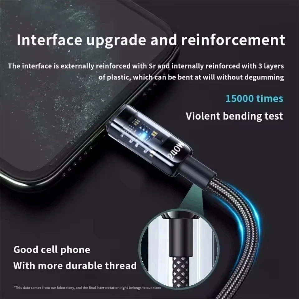 240W USB-C Fast Charging Cable LED Display Nylon Braid Type-C Data Charger Cord