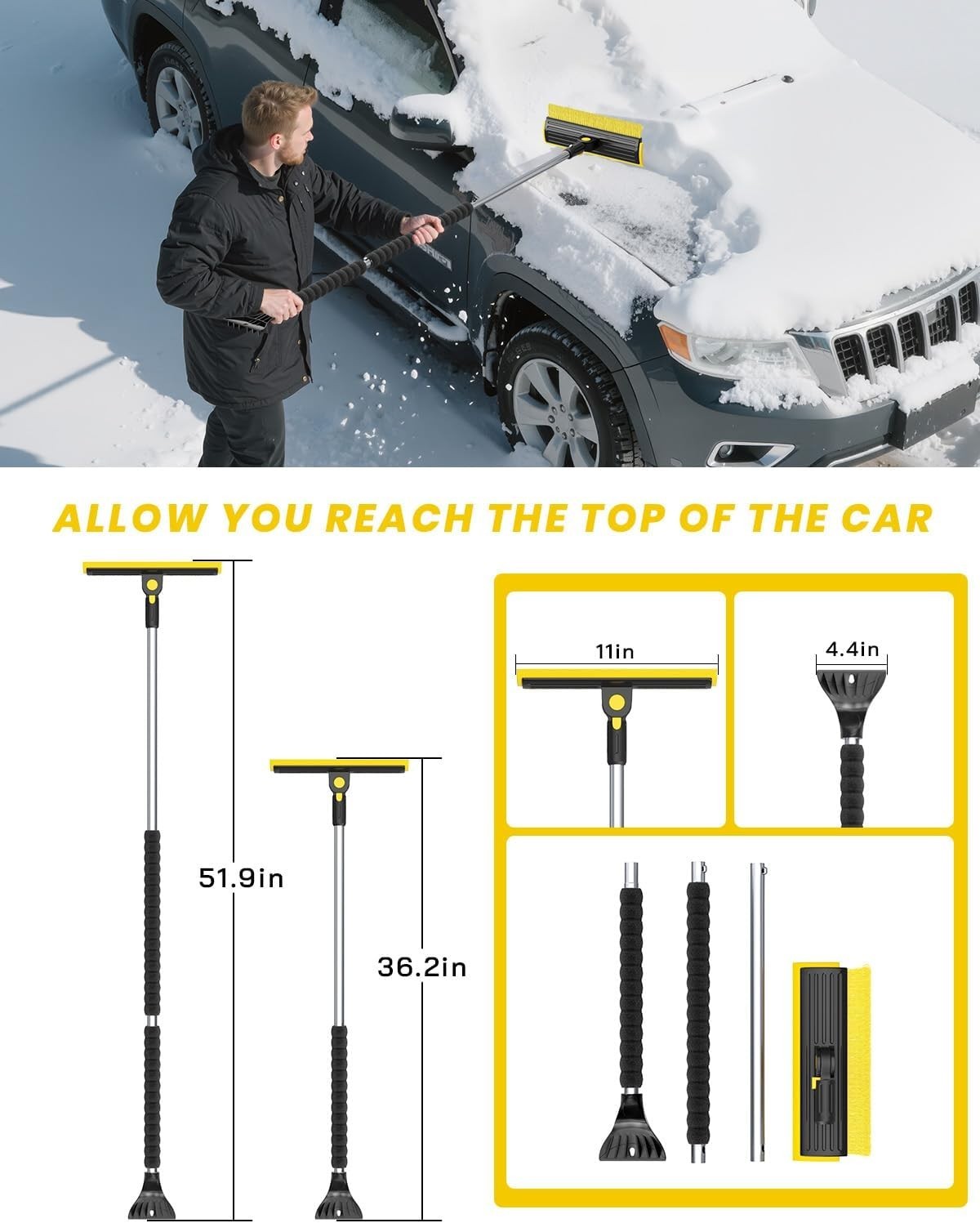 Versatile 3-in-1 Ice Scraper & Snow Brush - 55.7" Adjustable for All Vehicles