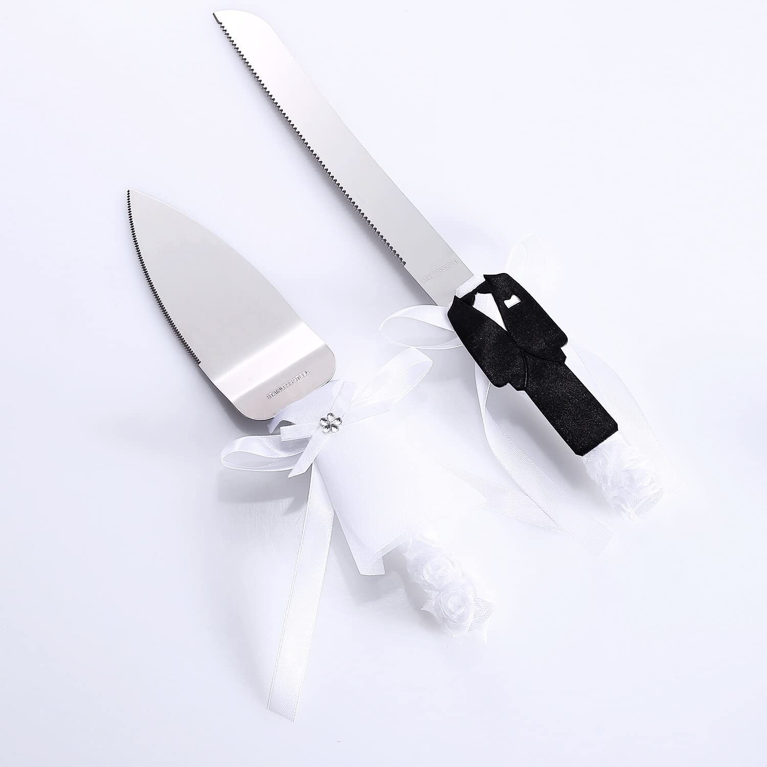 Rustic Wedding Cake Knife Serving Set Bride Groom Artificial Green Leaf 2 PCS