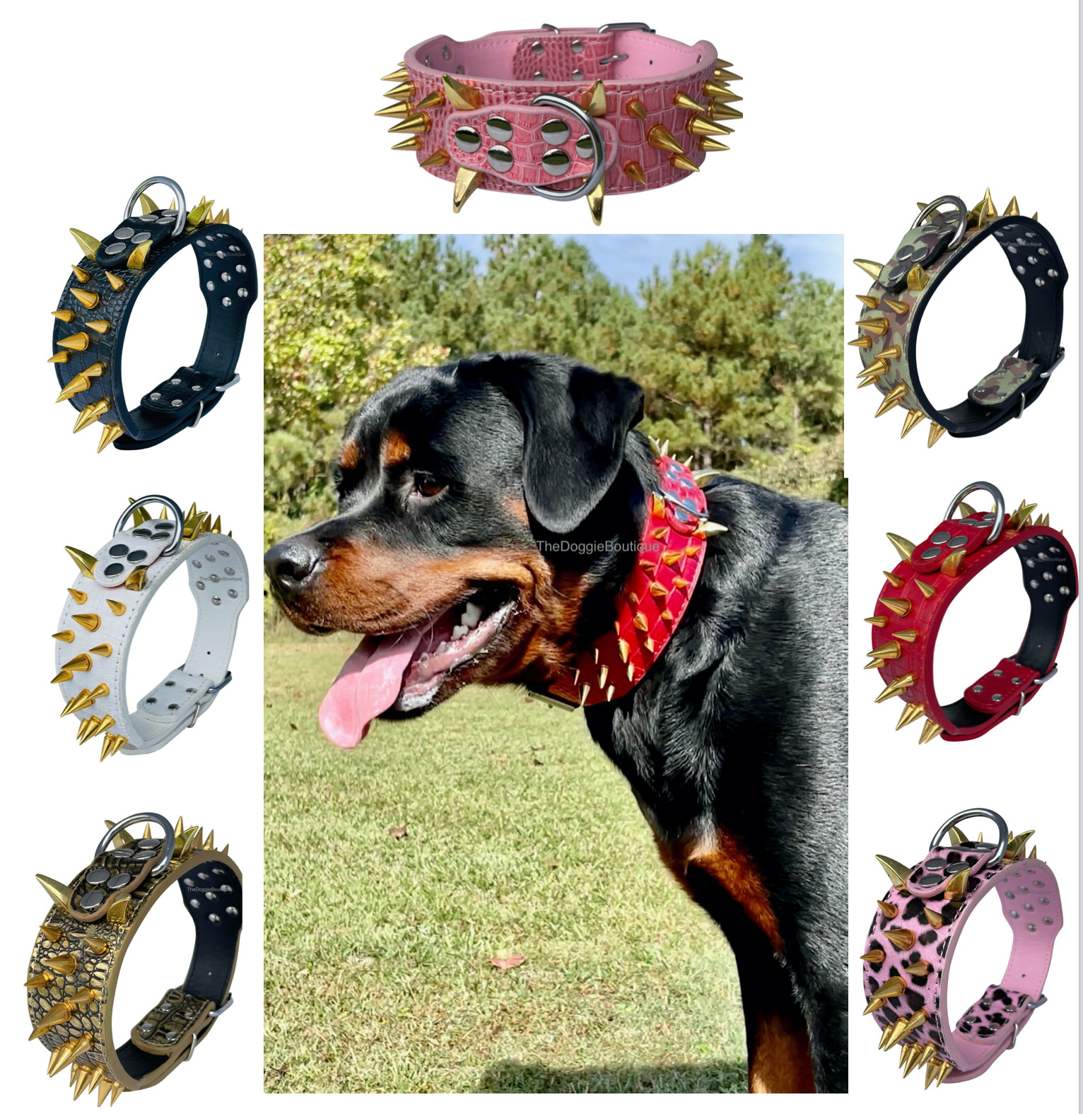 Dog Collar Sharp Gold Spikes Spike Rivet Adjustable PU Leather  2" wide S M L XL