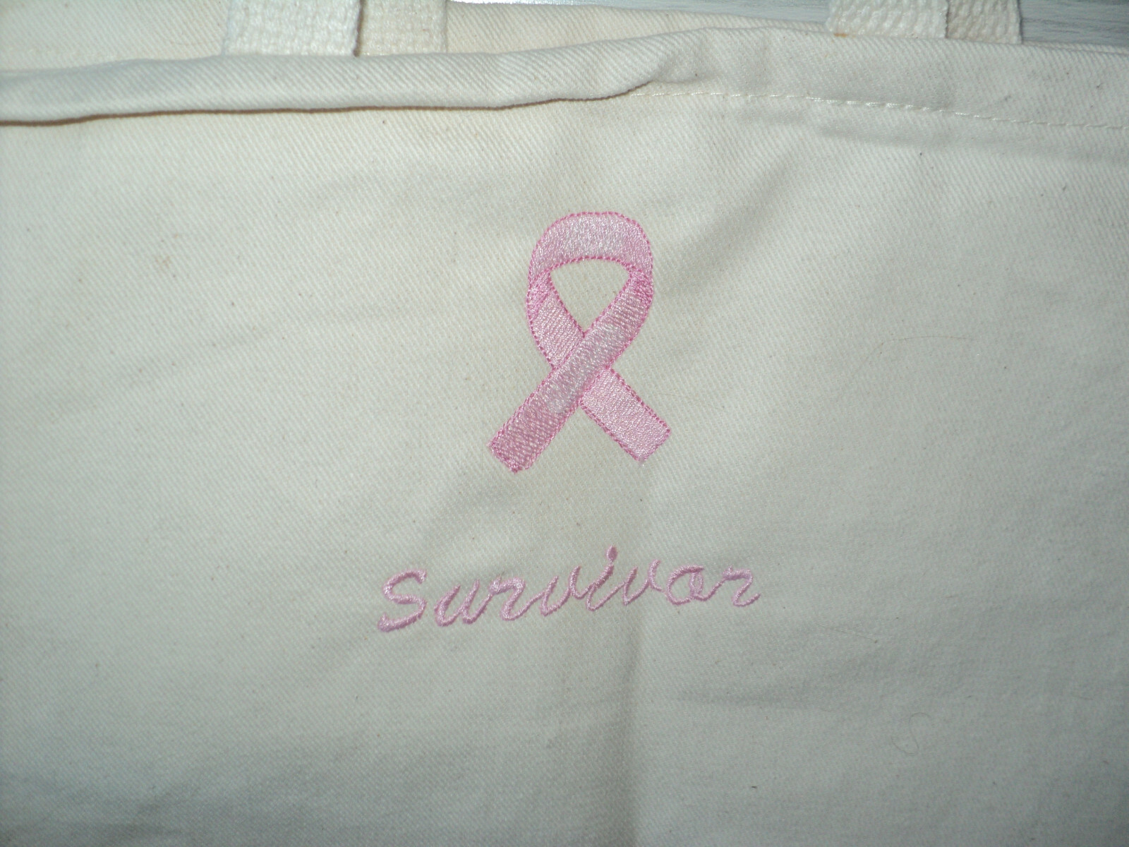 Breast Cancer Survivor Ribbon Tote Bag Natural Cotton Canvas 13" H x 14" W NEW