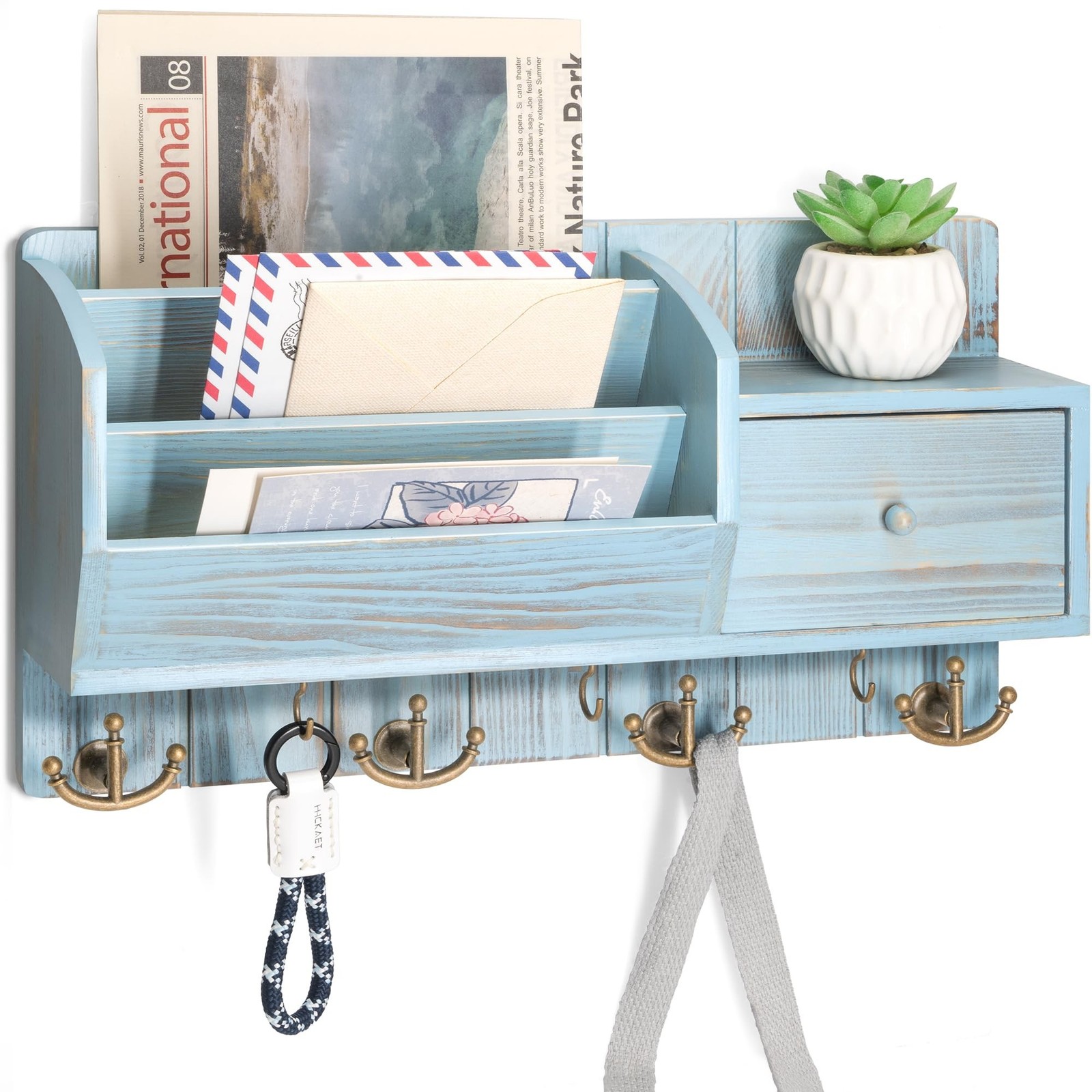 Rebee Vision Key Holder Wall Mount For Room Decor, Distressed Blue