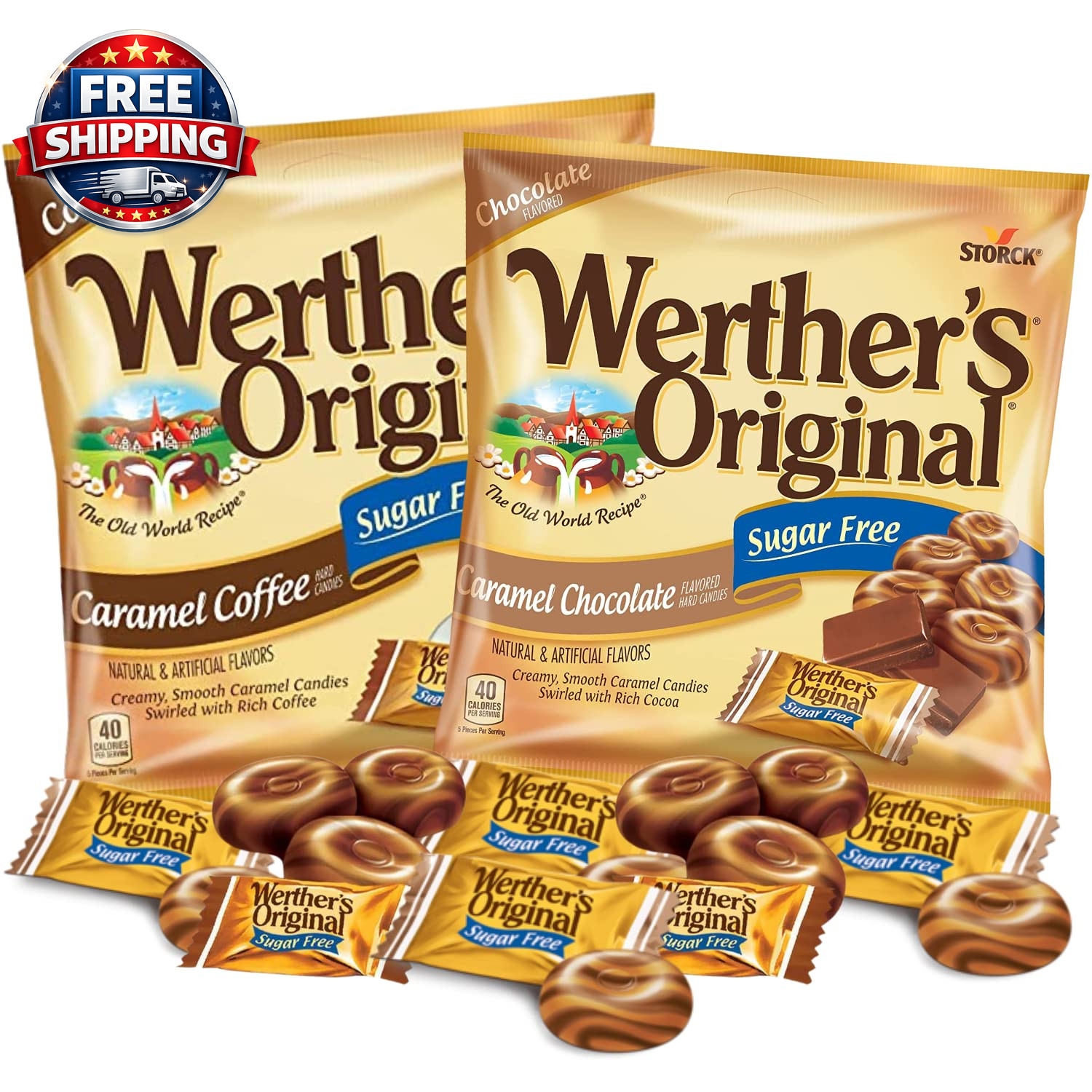 Sugar Free Caramel Chocolate and Coffee Original Hard Candies, Bulk Individually