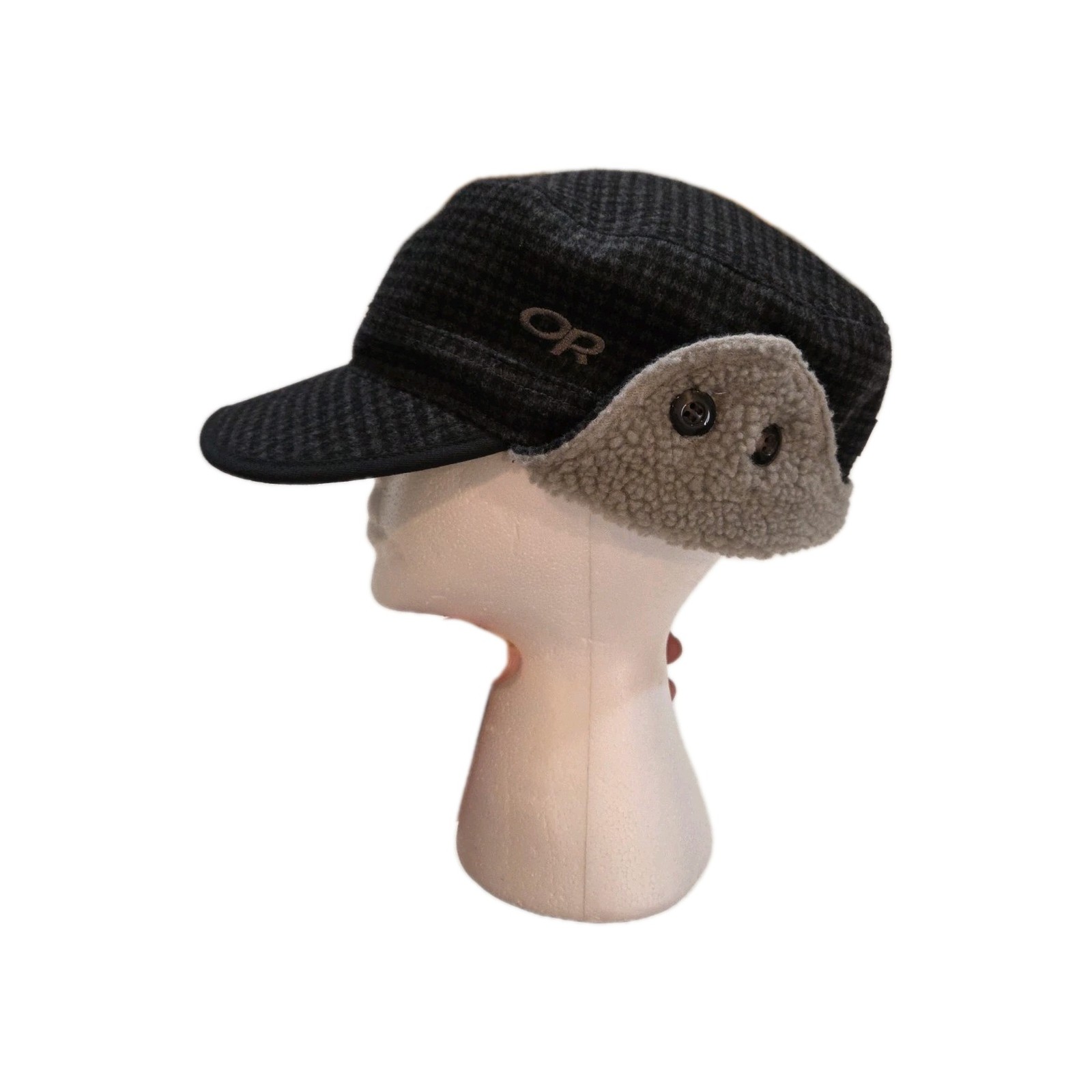 Outdoor Research Yukon Cap Hat Wool Poly Size Large Grey Plaid Ear Flaps Sherpa