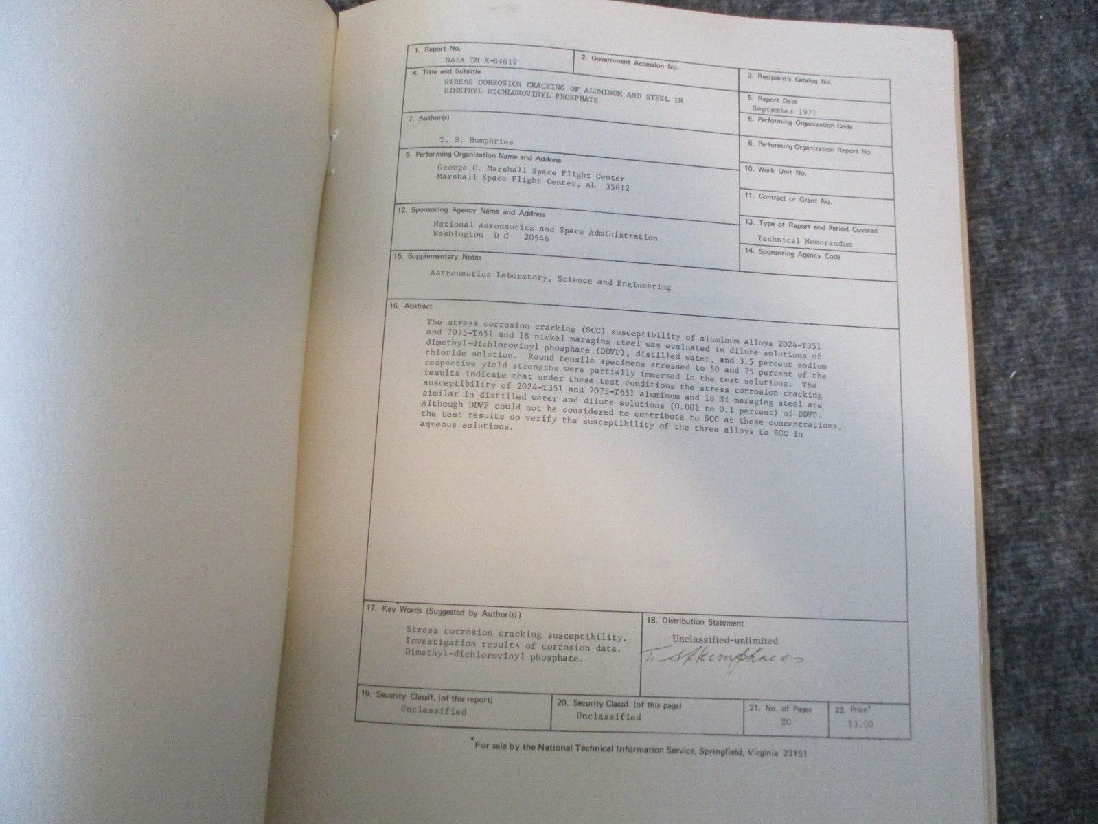 NASA SPACE SHUTTLE/VEHICLE SPECS METALS/MATERIALS/TESTING REPORTS/RESULTS 71-73