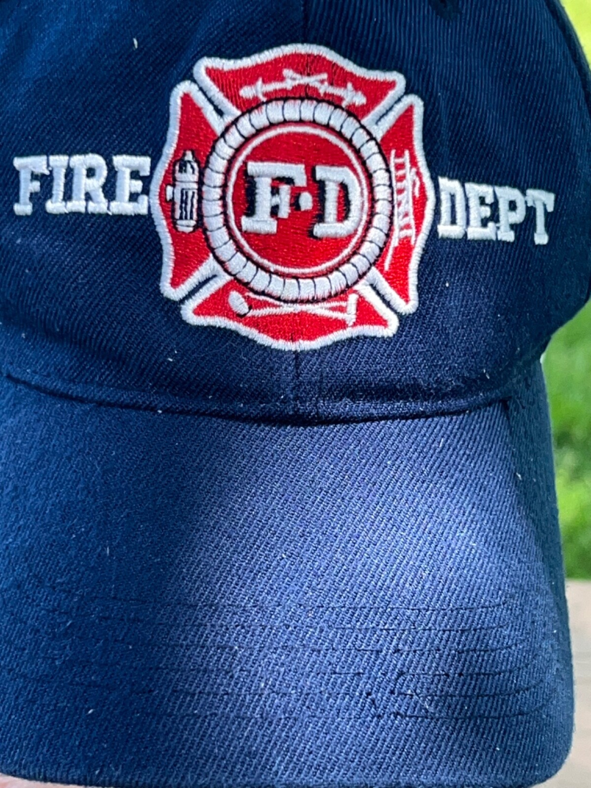 FD Fire Dept Navy Blue RWB Logo Hat Cap Hook Loop Dry Cleaned Good Condition