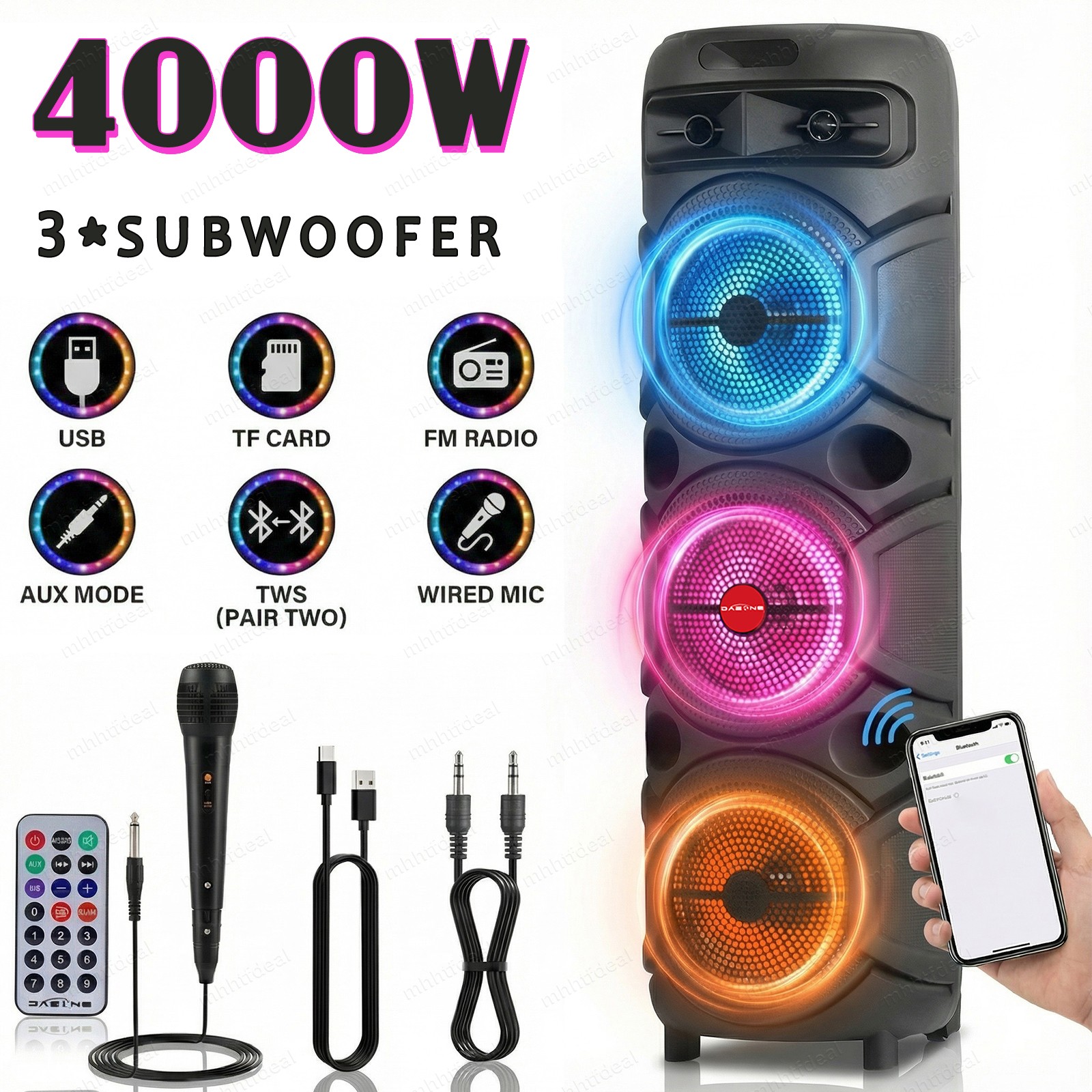 4000W Portable Bluetooth Speaker Sub woofer Heavy Bass Sound System Party + Mic