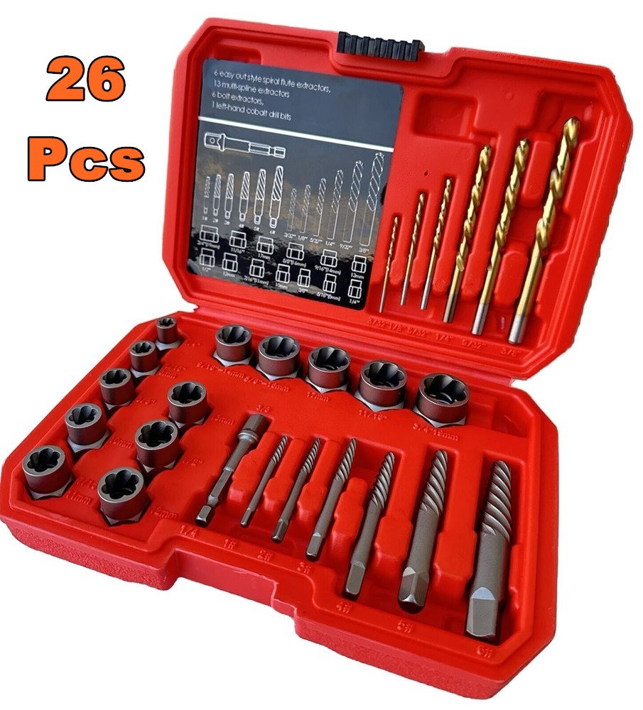 26pc Screws Bolt Extractor Set W/Reverse Drill Bit Kit Lug Nut Extraction EZ Out