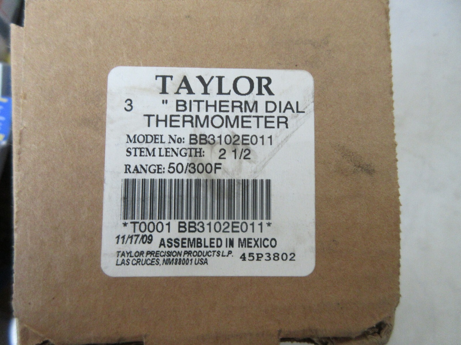 TAYLOR BB3102E011 3" DIAL BITHERM THERMOMETER 2.5" STEM 50-300F