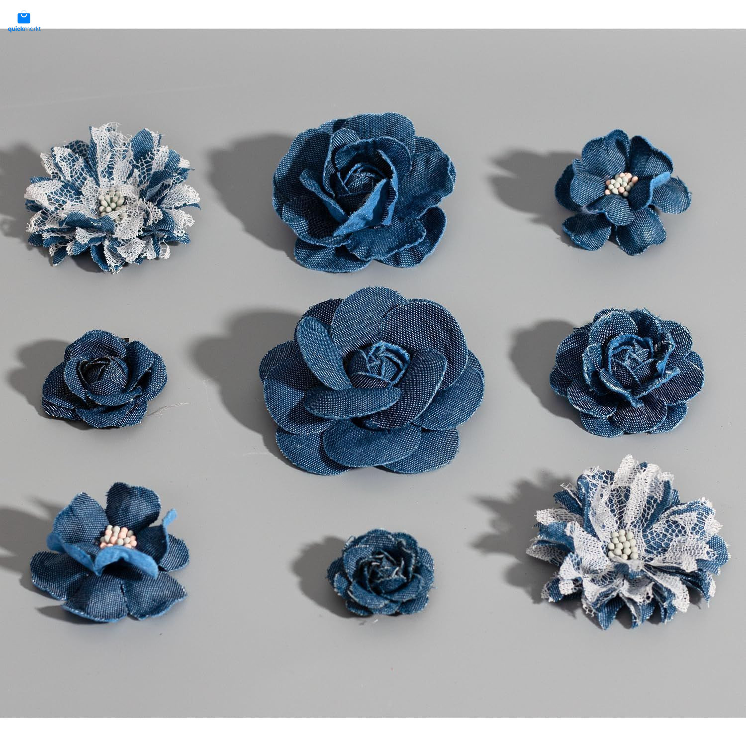 9 PCS Denim Fabric Flower Shape Patch Set，Ribbon Small to Medium, Dark blue