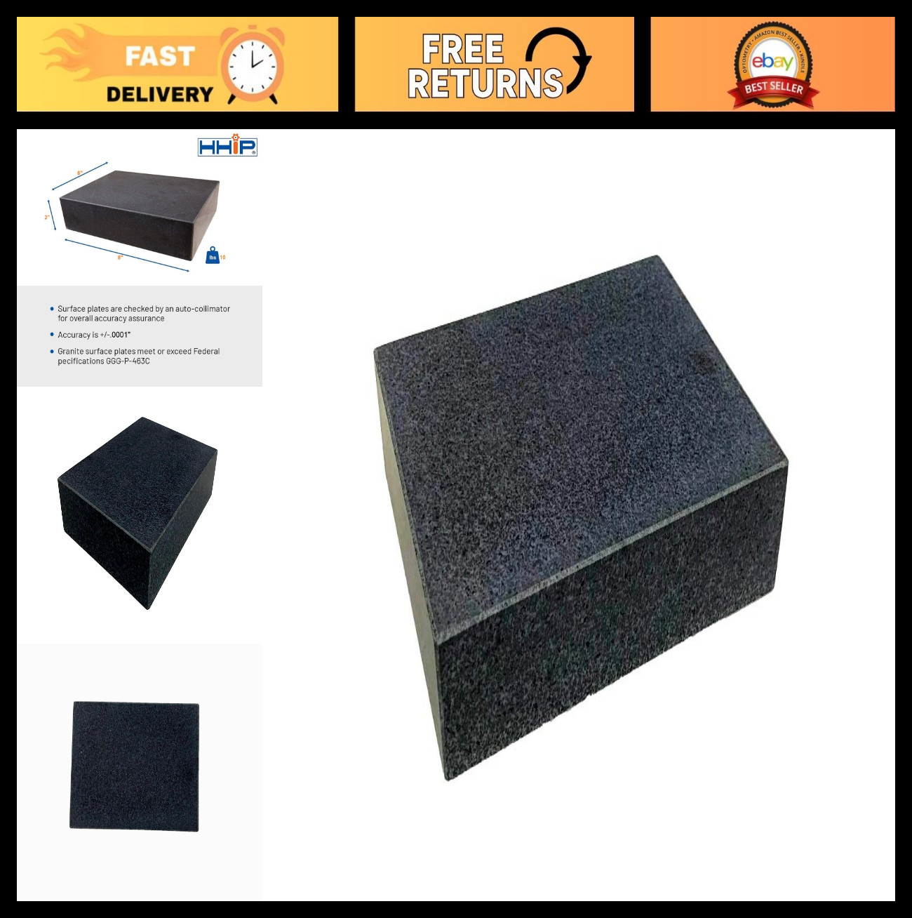 6" x 8" x 2" Granite Surface Plate - Precision Grade B, No Ledge, Tooling Surfac