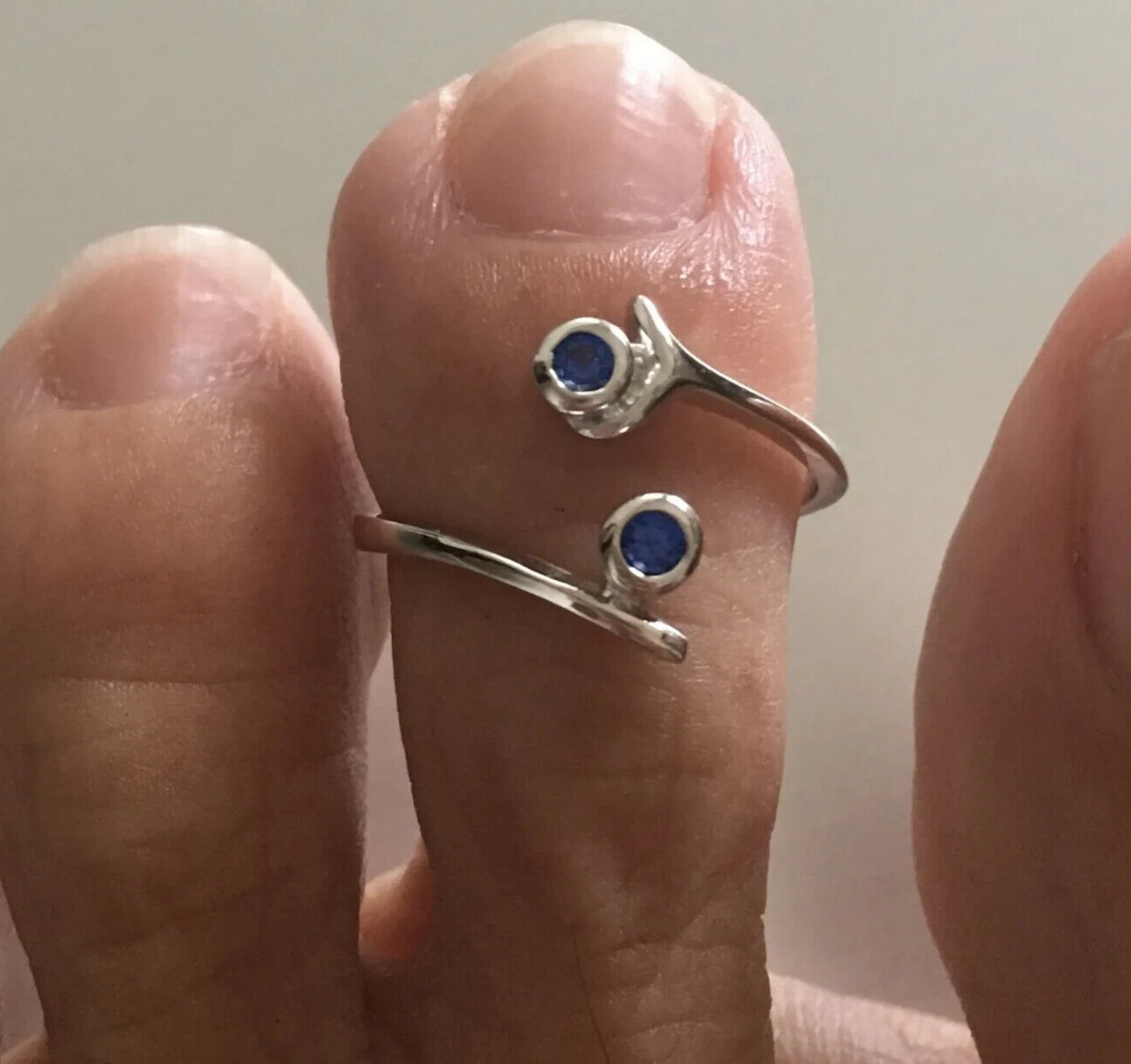 Women's Simulated Sapphire 2 Bezel Stone Stylish Adjustable Toe Ring 925 Silver