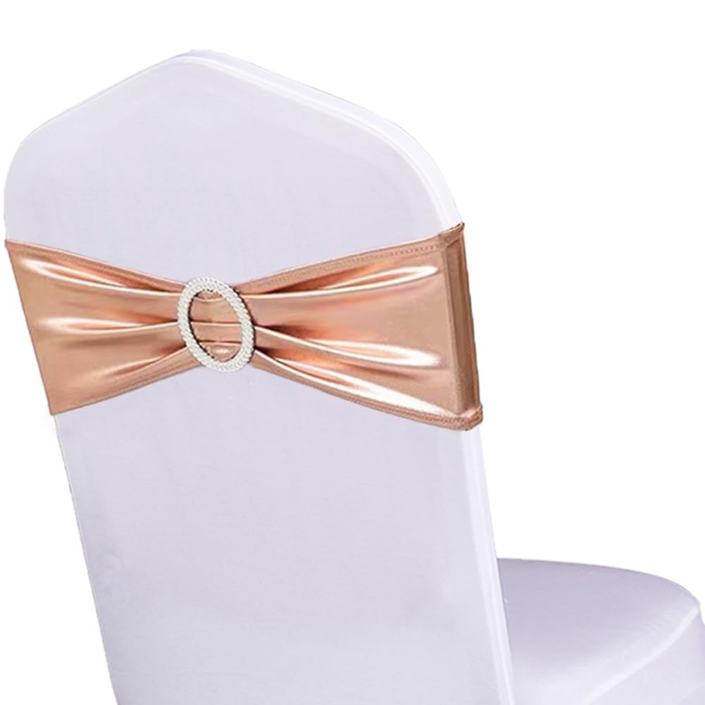 50 Pack Spandex Rose Gold Chair Sashes Bows Pink Bands Buckle Wedding Event