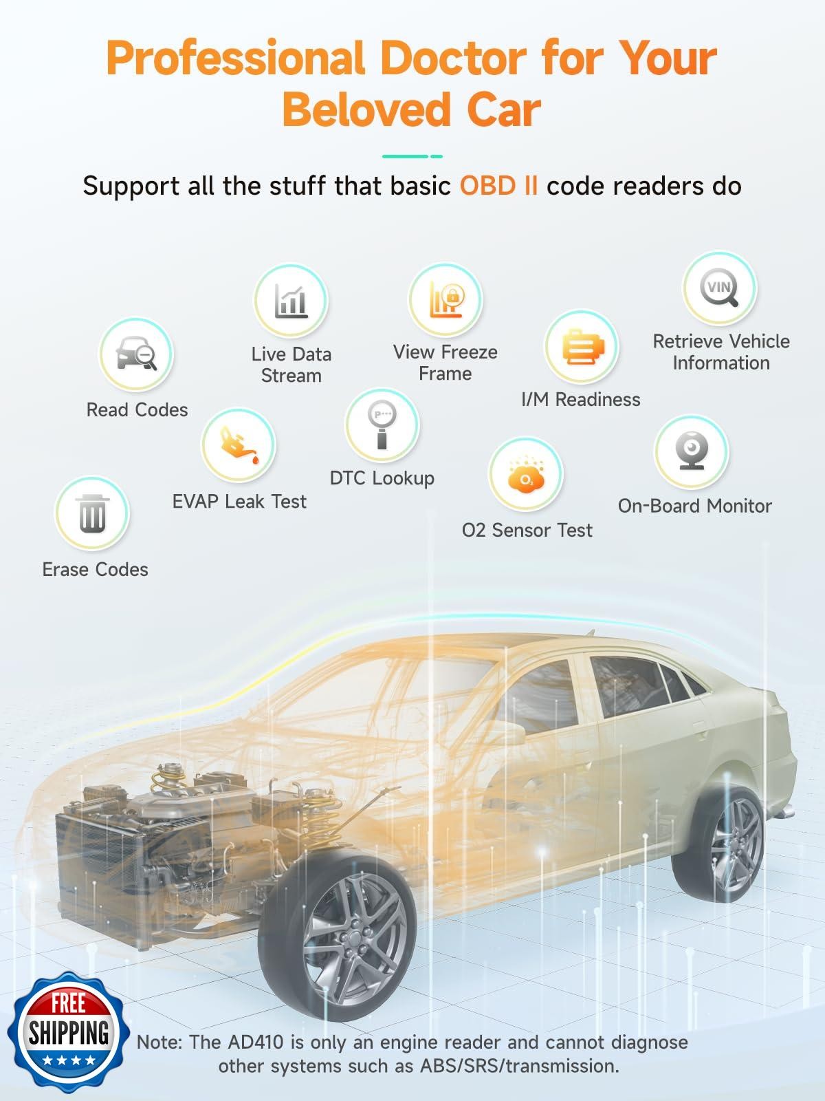 ANCEL AD410 Enhanced OBD2 Scanner, Vehicle Code Reader for Check Engine Light