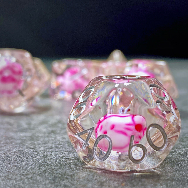 Sage's Familiars - Kitty Treats Resin Pink Polyhedral Dice Set | RPG DND TTRPG