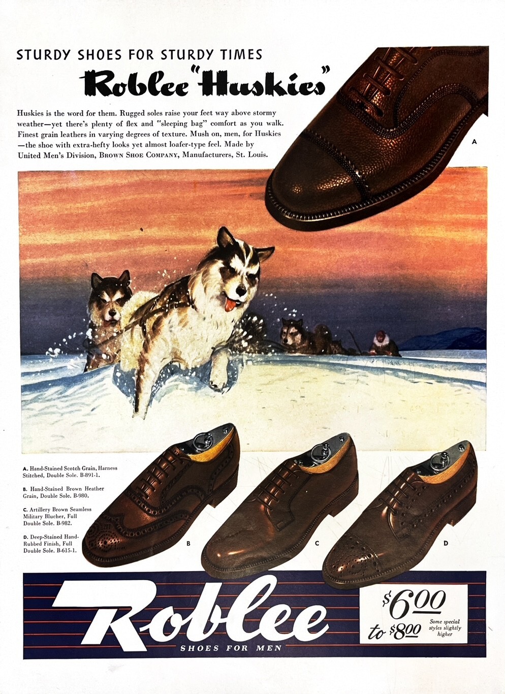 1942 MEN'S SHOES Original Vintage Print Ad Roblee Shoes Husky Dog Sled Team