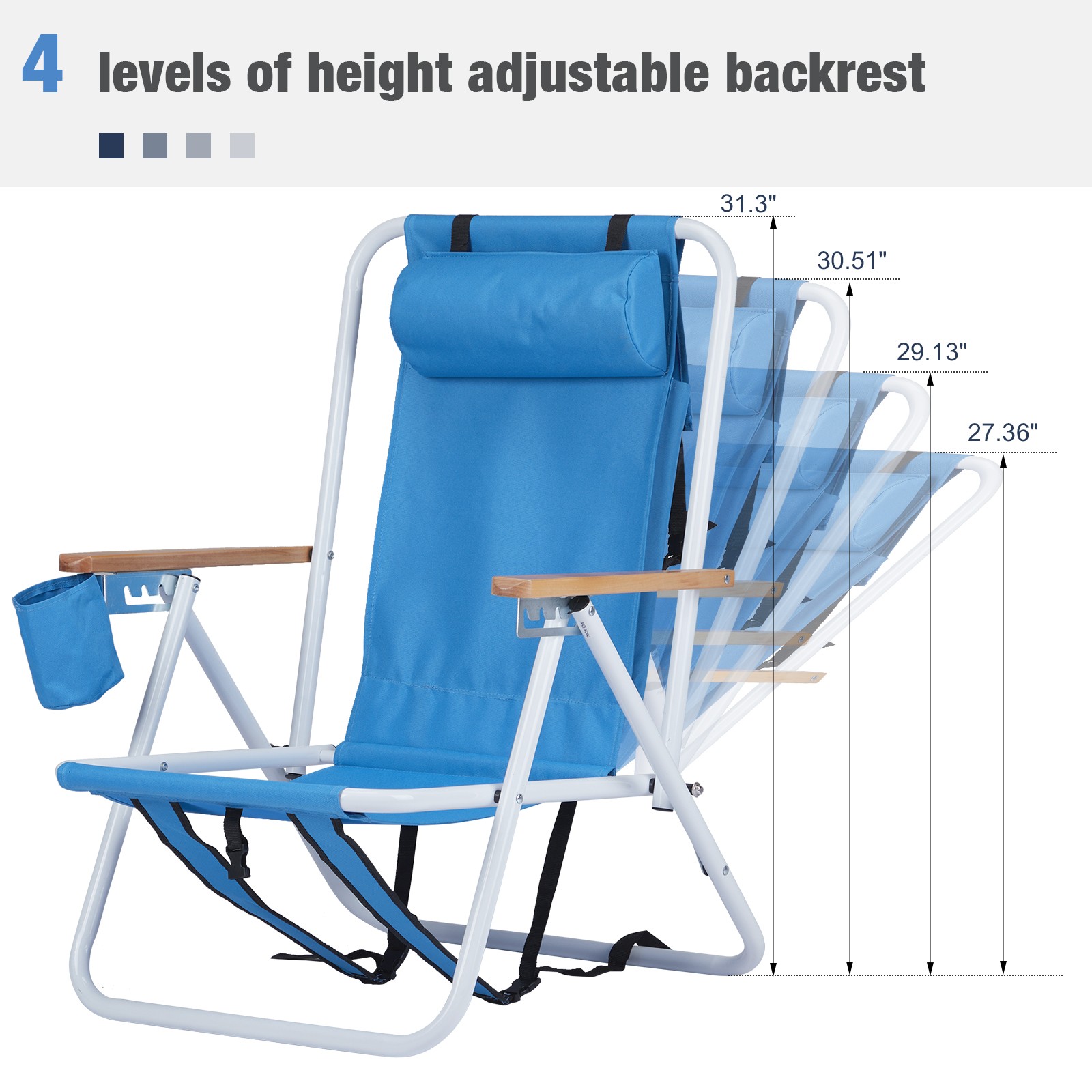 Portable High Strength Beach Chair with Adjustable Headrest Blue