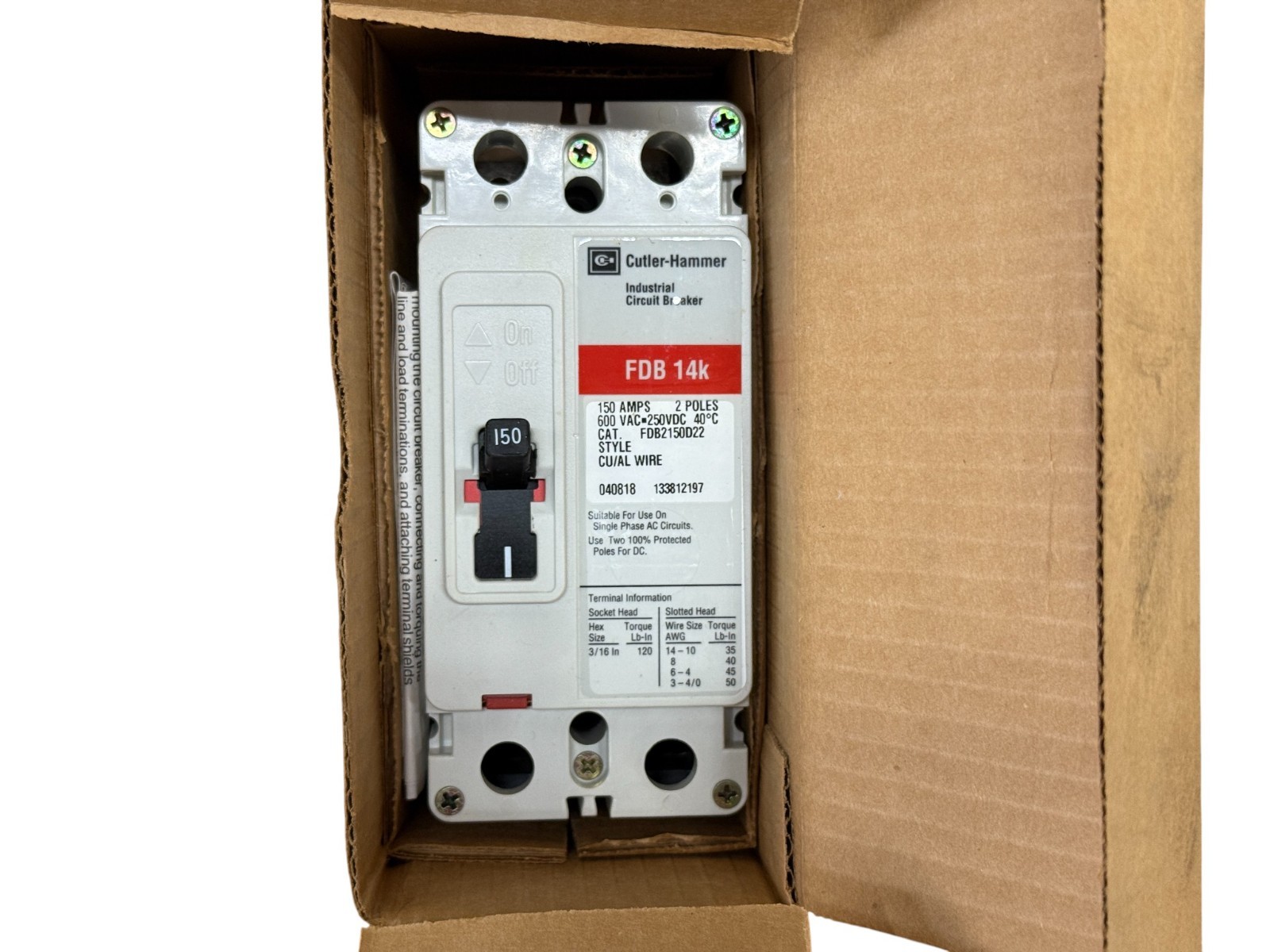 Cutler Hammer FDB2150D22 150A 2-Phase 2-Pole 600V 18kA Circuit Breaker NEW