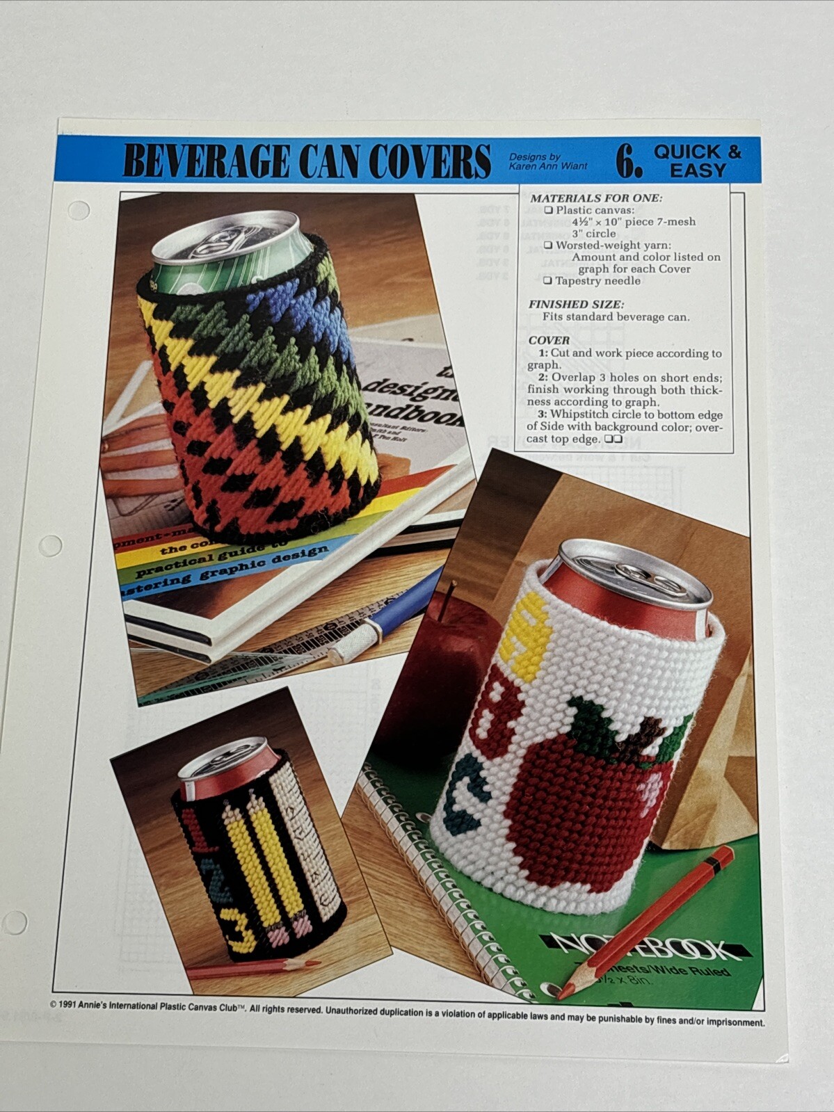 Beverage Can Covers 2 Designs Annie's Attic Plastic Canvas Pattern Page