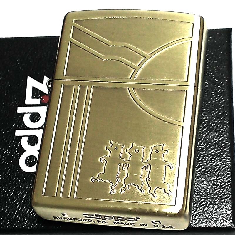 Zippo Retro Motif Three Pigs Antique Gold Brass One Sided Finish Lighter Regular