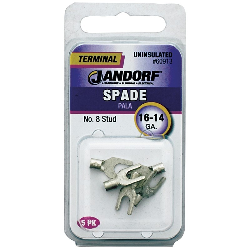 Jandorf 60913 Spade Terminal, 600 V, 16 to 14 AWG Wire, #8 Stud, Copper Contact,