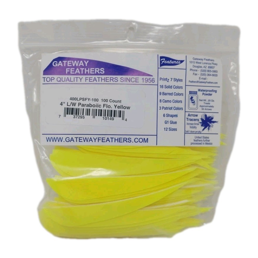 100 Pack Gateway Feathers 4" Left Wing Parabolic Flo Fluorescent Yellow 400LPSFY