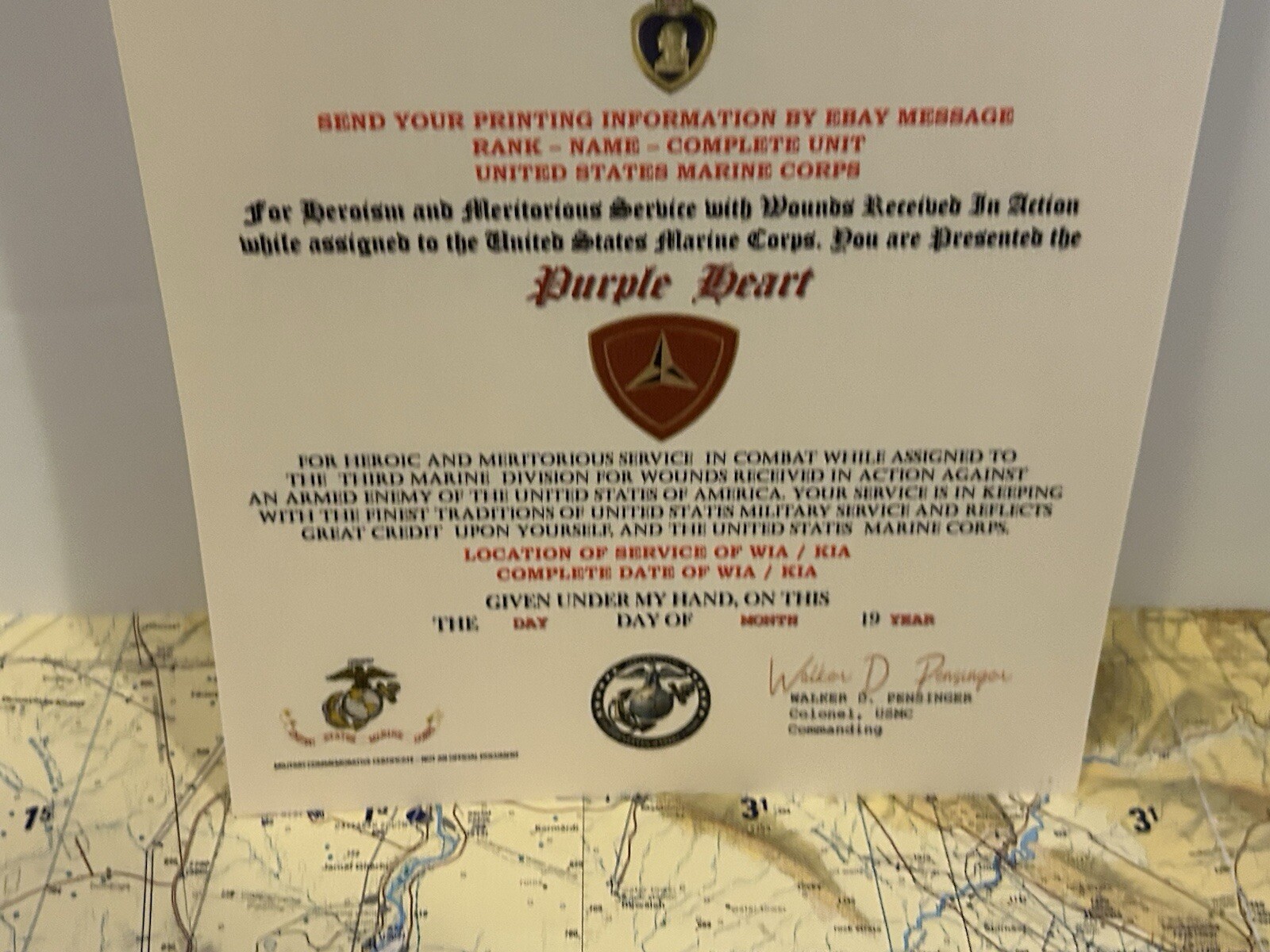 U.S.M.C. / P.H. MEDAL COMMEMORATIVE CERTIFICATE - 3RD MARINE DIVISION