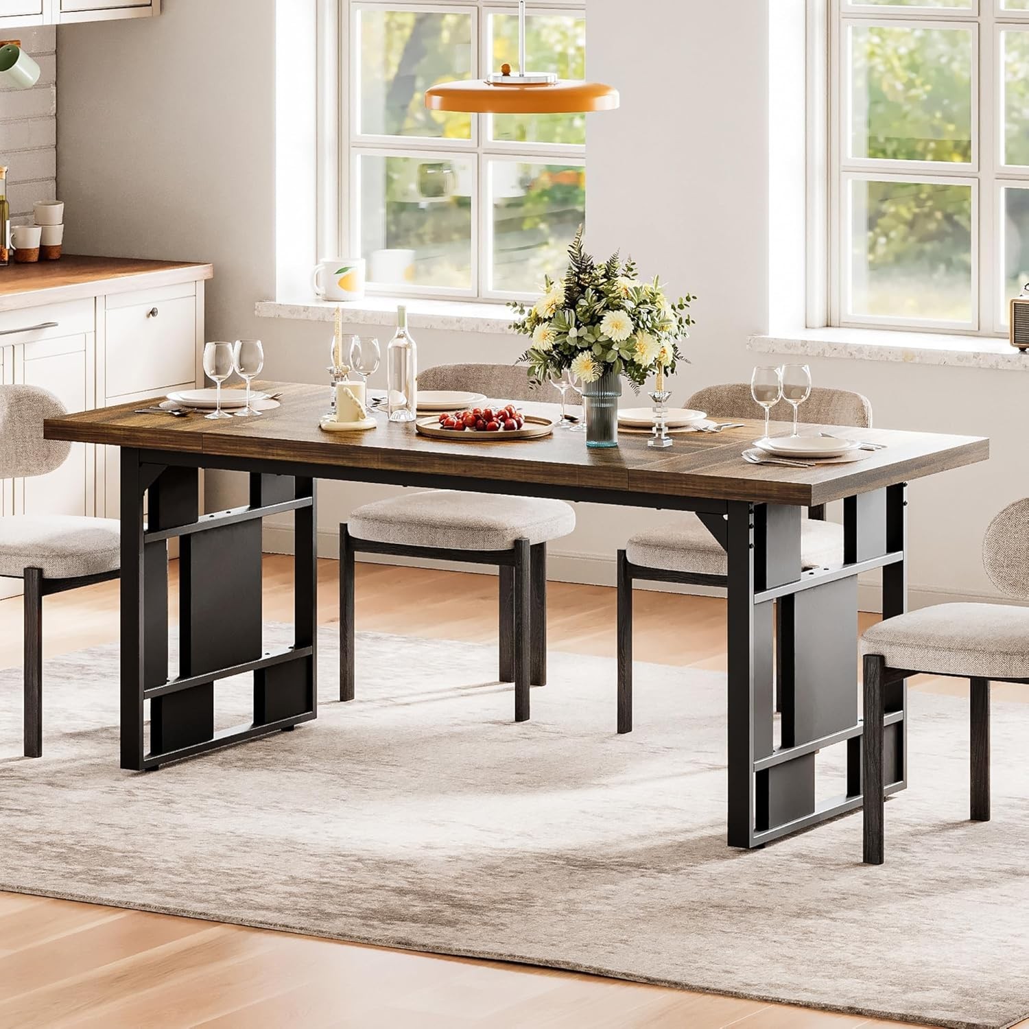 71'' Large Dining Table for 6 People, Farmhouse Kitchen Table with Metal Frame