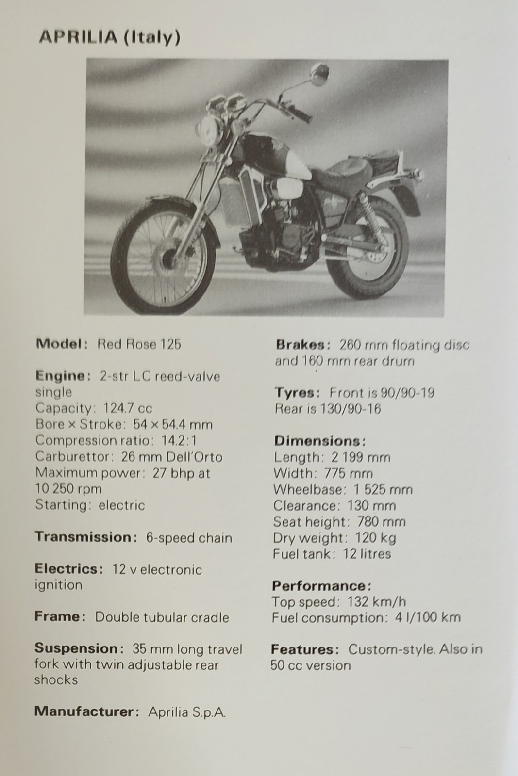 Aprilia Motorcycle Picture Original Vtg Bike Info Detail Sheet