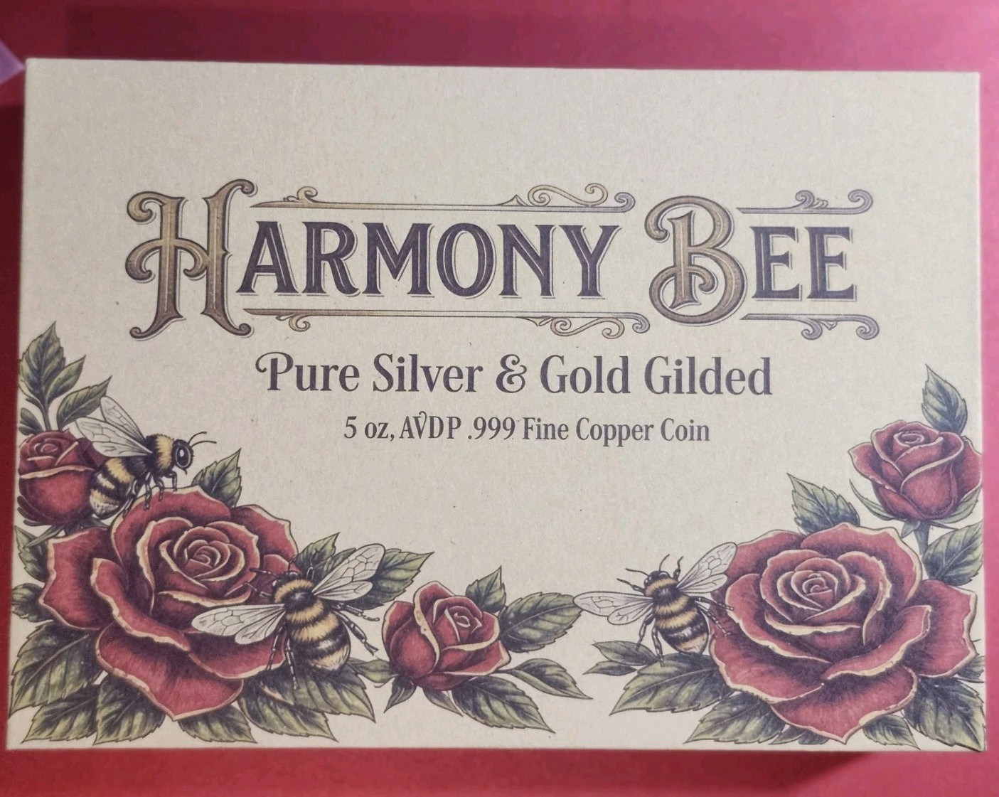 2026 5oz .999 Copper Harmoney Bee Silver and Gold Gilded With  Display Box