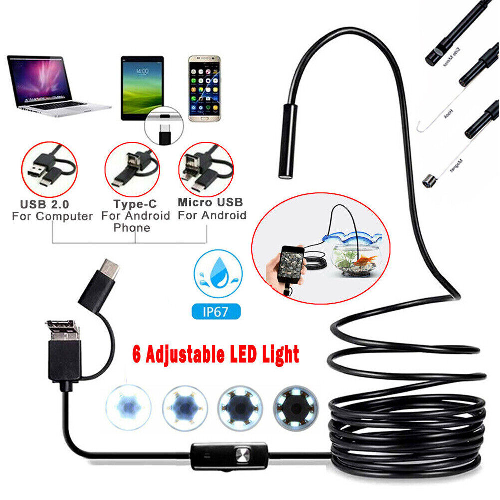 6LED Snake Endoscope Borescope 7mm HD Inspection Camera Scope for Android/PC MAC