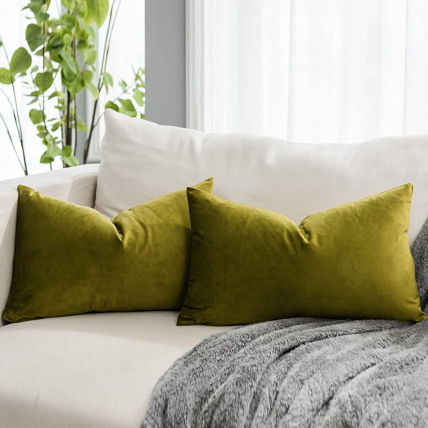 Olive Decorative Lumbar Velvet Throw Pillow Covers 12X20 Inch Set of 2 with Zipp