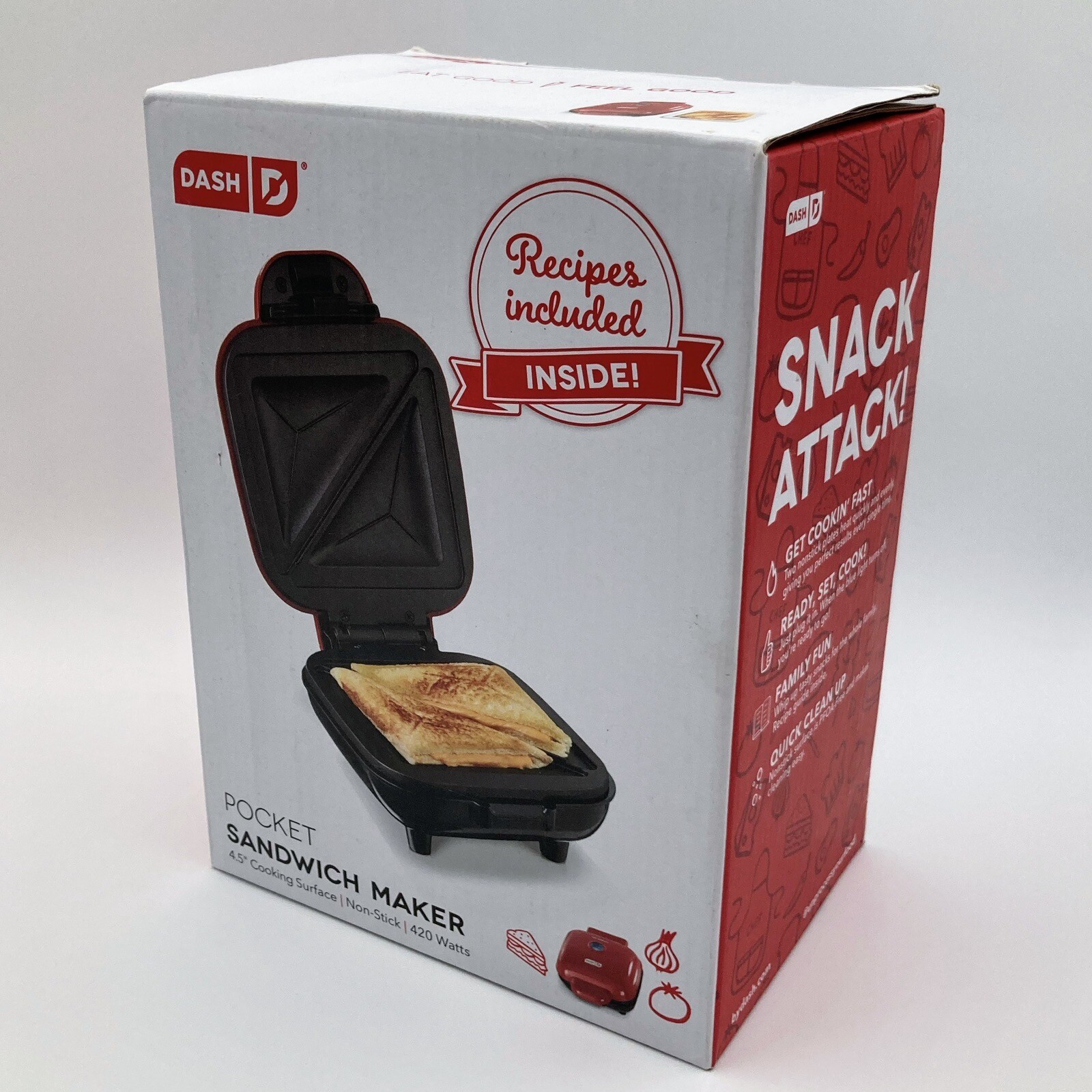 DASH Pocket Sandwich Maker 4.5" Surface w/ Recipes RED Non-Stick Griddle 420W