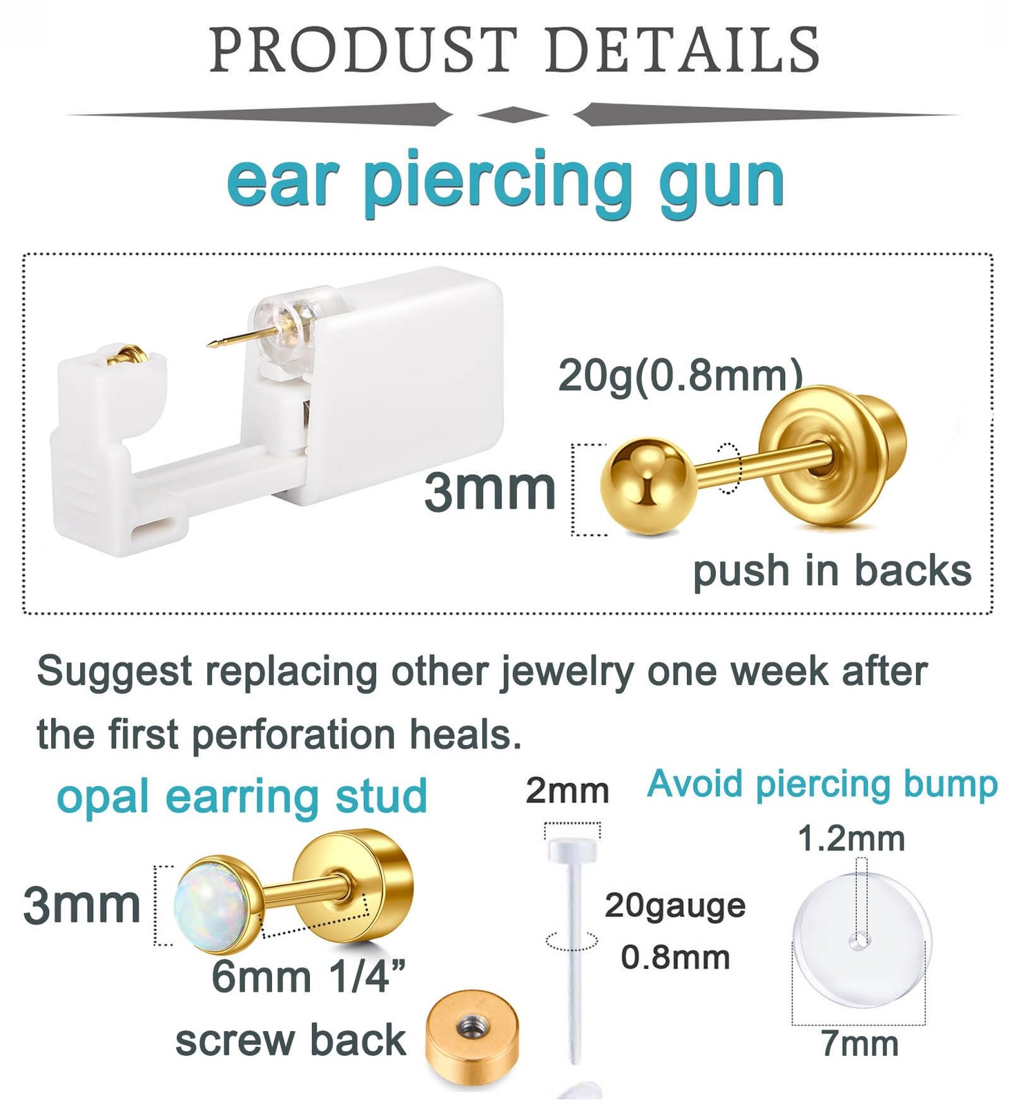 Gold Ear Piercing Gun Kit - Self Piercing Earrings with Opal Studs