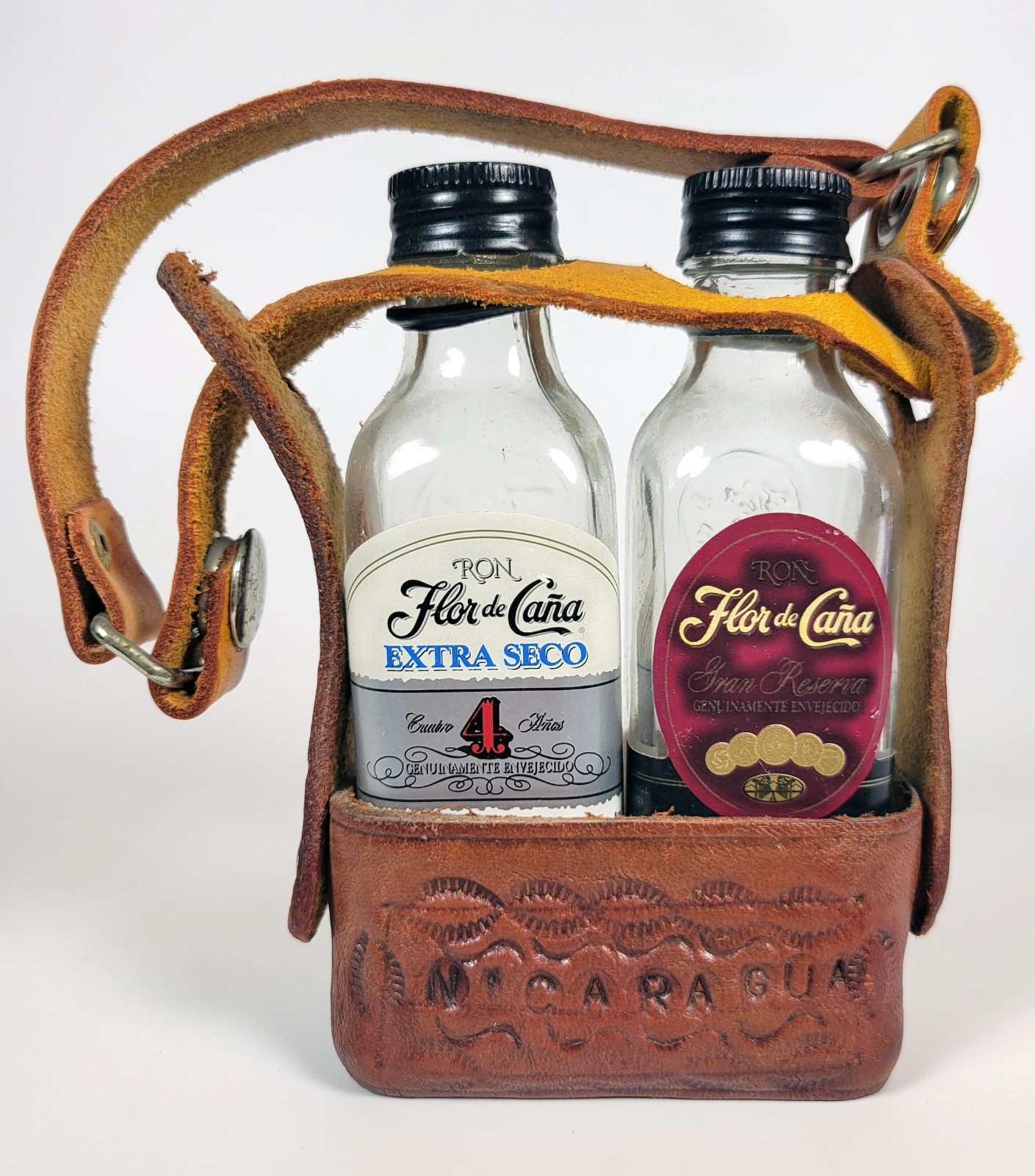 Flor de Caña Rum Sampler Bottles in Leather Case ~ Extra Seco & Grand Reserve