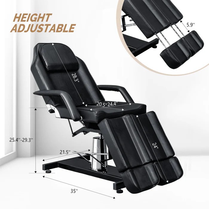 Facial Massage Tattoo Bed Height Adjustable with 2 Adjustable Split Legs Black
