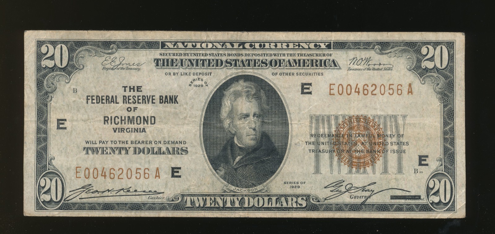 1929 $20 The Federal Reserve Bank Richmond Virginia National Currency          m