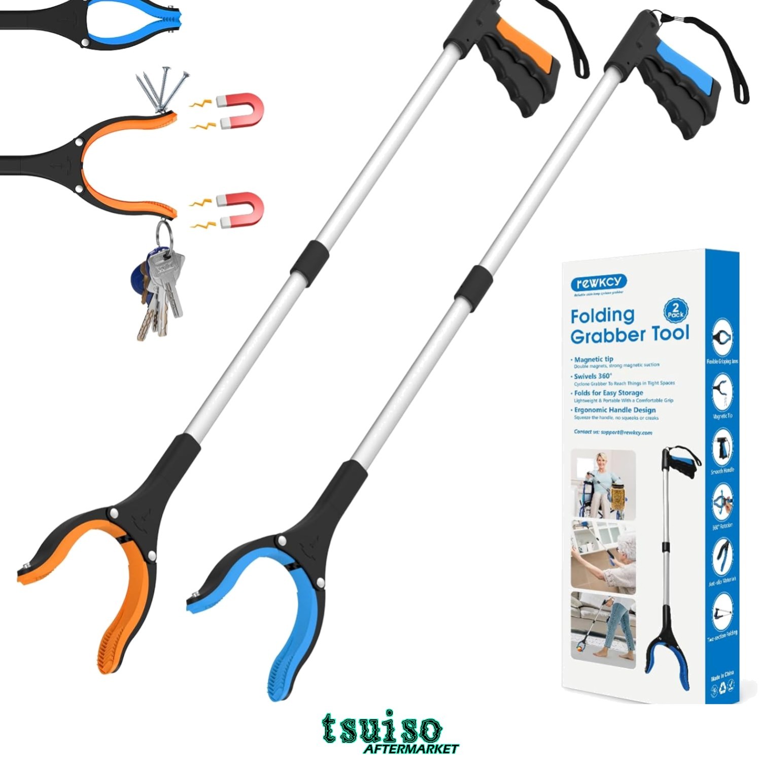 34" Heavy-Duty Grabber Reacher Tool 2-Pack: Foldable with 360° Rotating Head