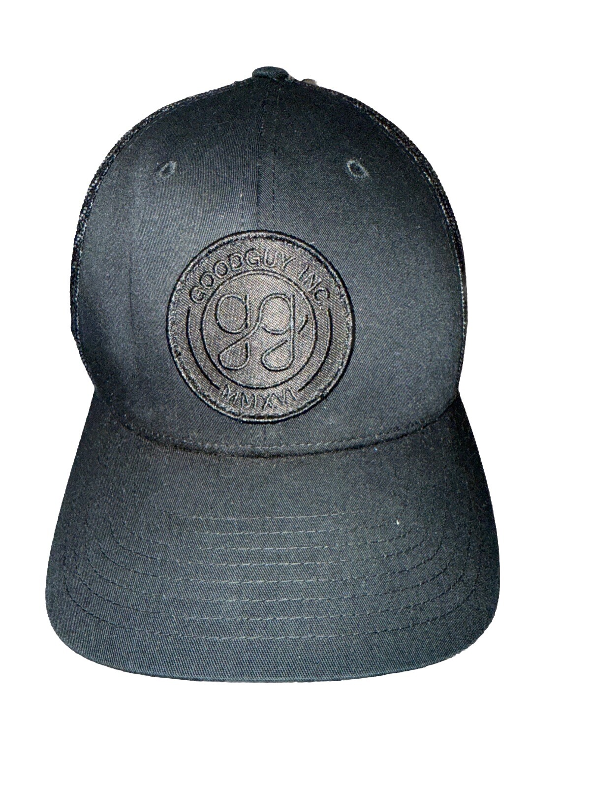 GG Good Guy Inc MMXVI Black patch on Black Trucker Hat Cap Black Mesh EUC