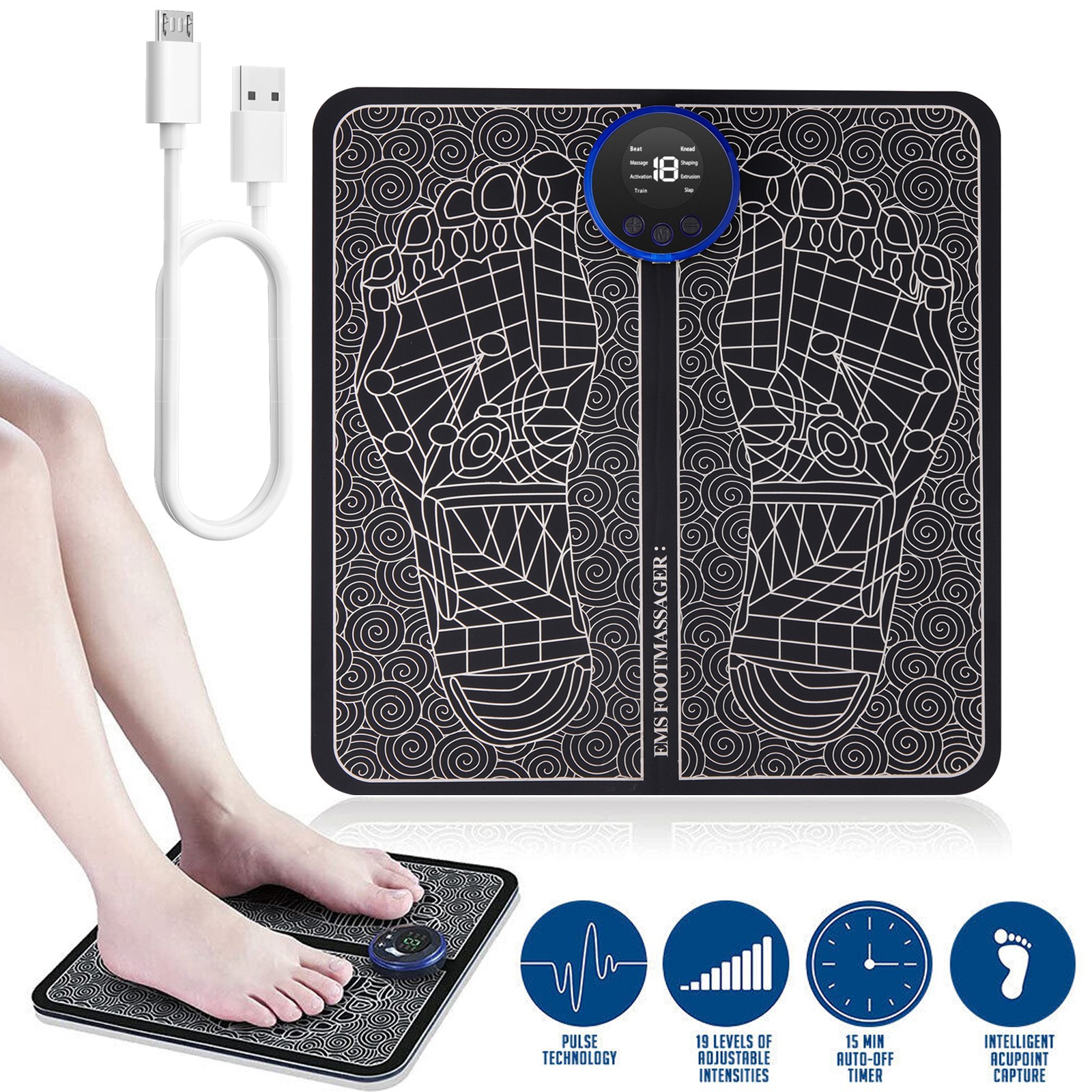 19 Level EMS Electric Foot Massager Pad Blood Circulation Muscle Stimulator Mat