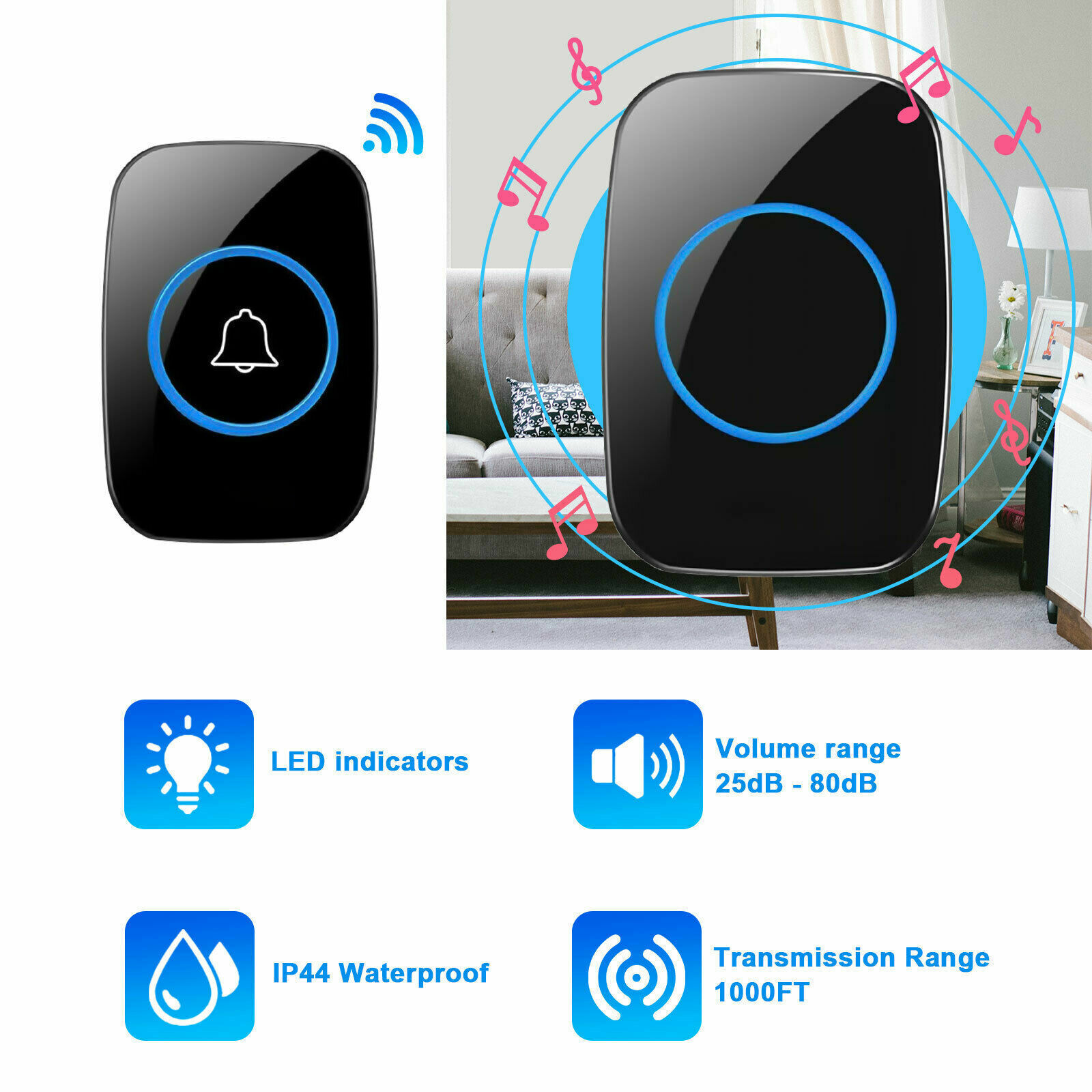 Wireless Doorbell Chime Waterproof Plugin Receiver Adjustable Volume 1000FT Kit
