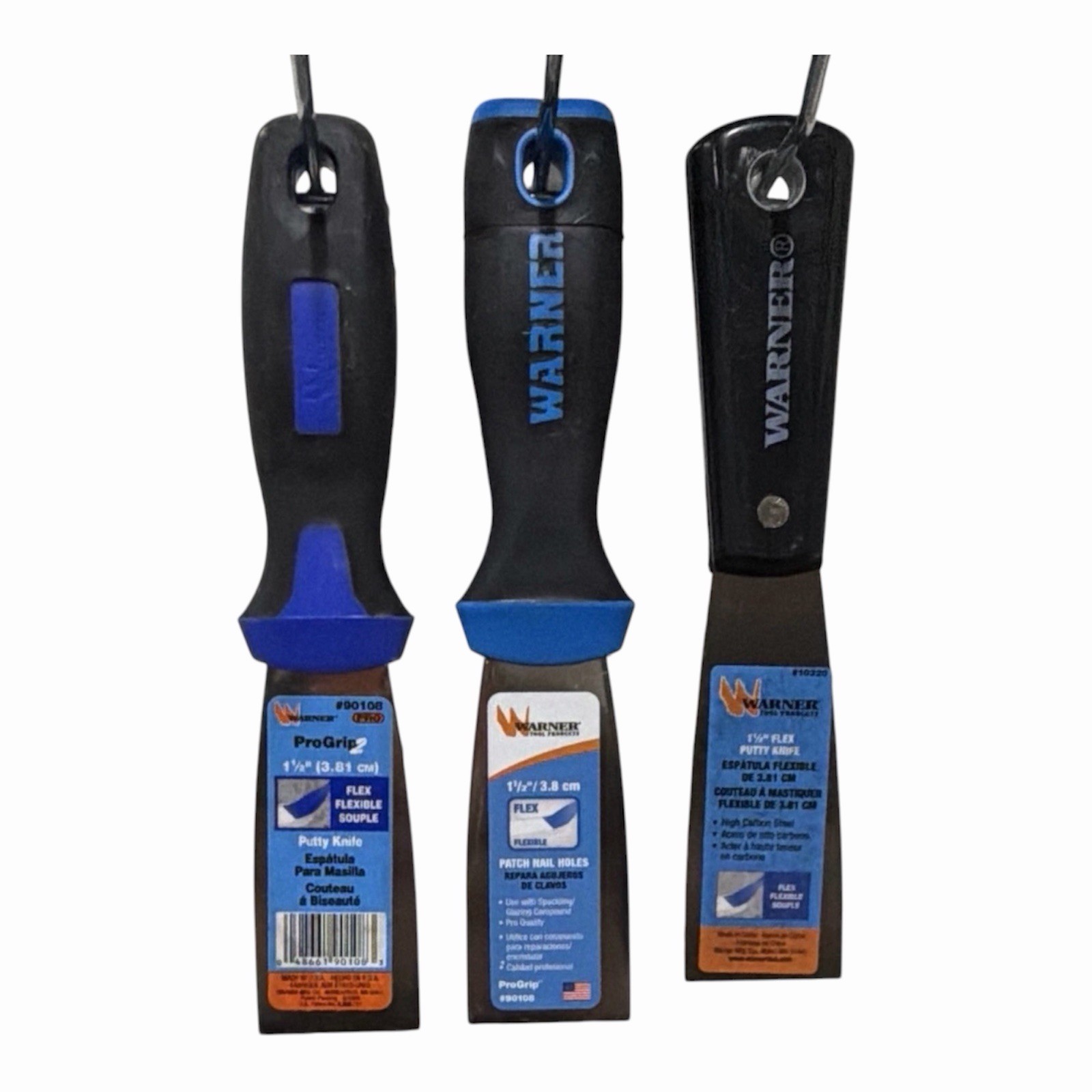 3 Warner ProGrip Flex 1-1/2in Steel Blade Putty Knife Black/Blue Model 90108